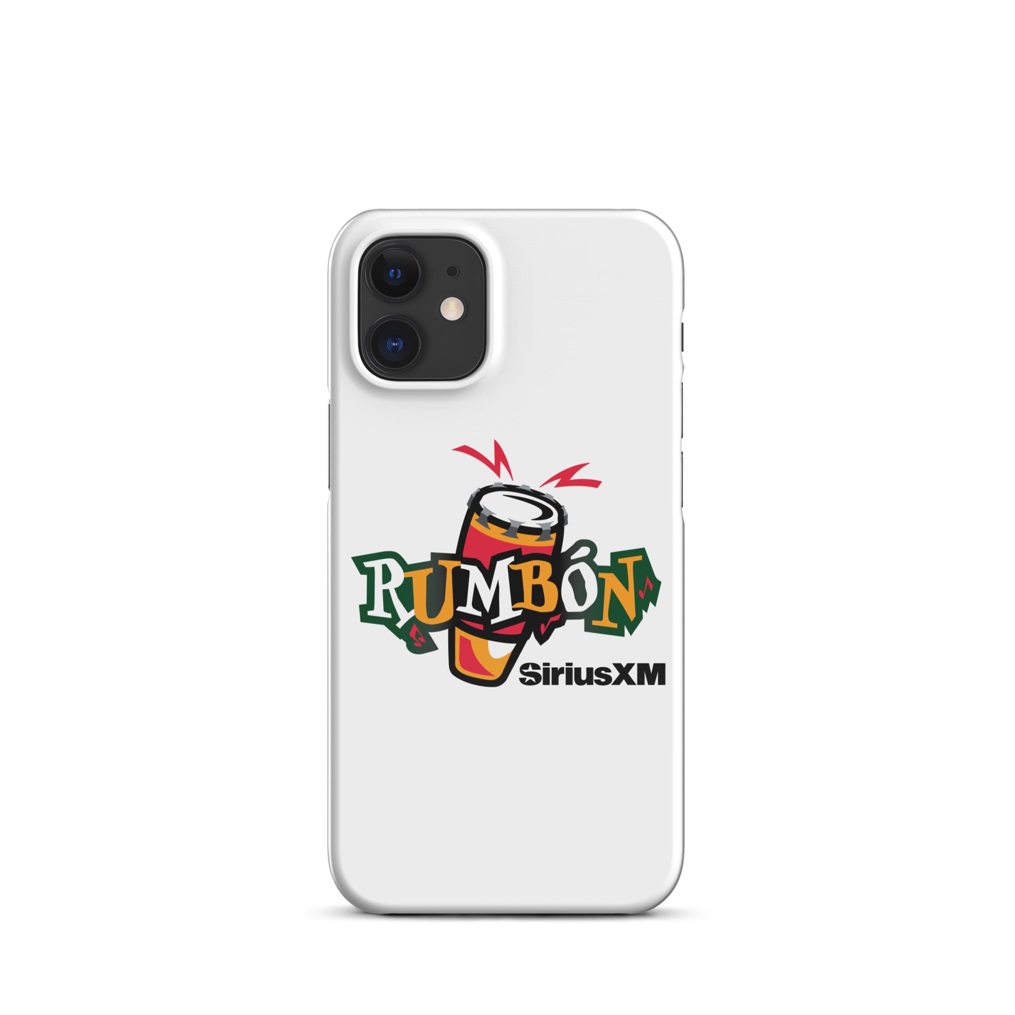 White phone case featuring 'Rumbón' logo with a conga drum and 'SiriusXM' branding.