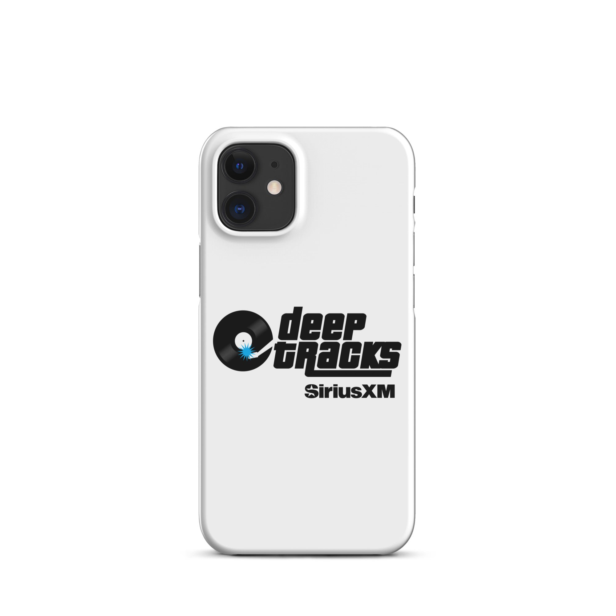 White phone case featuring 'deep TRACKS' and 'SiriusXM' logos with a vinyl record graphic.