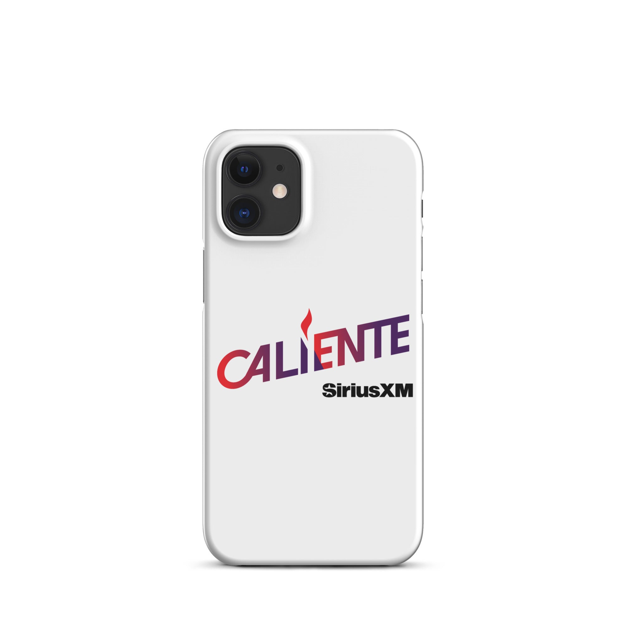 White phone case featuring 'CALIENTE' logo and 'SiriusXM' in bold lettering.