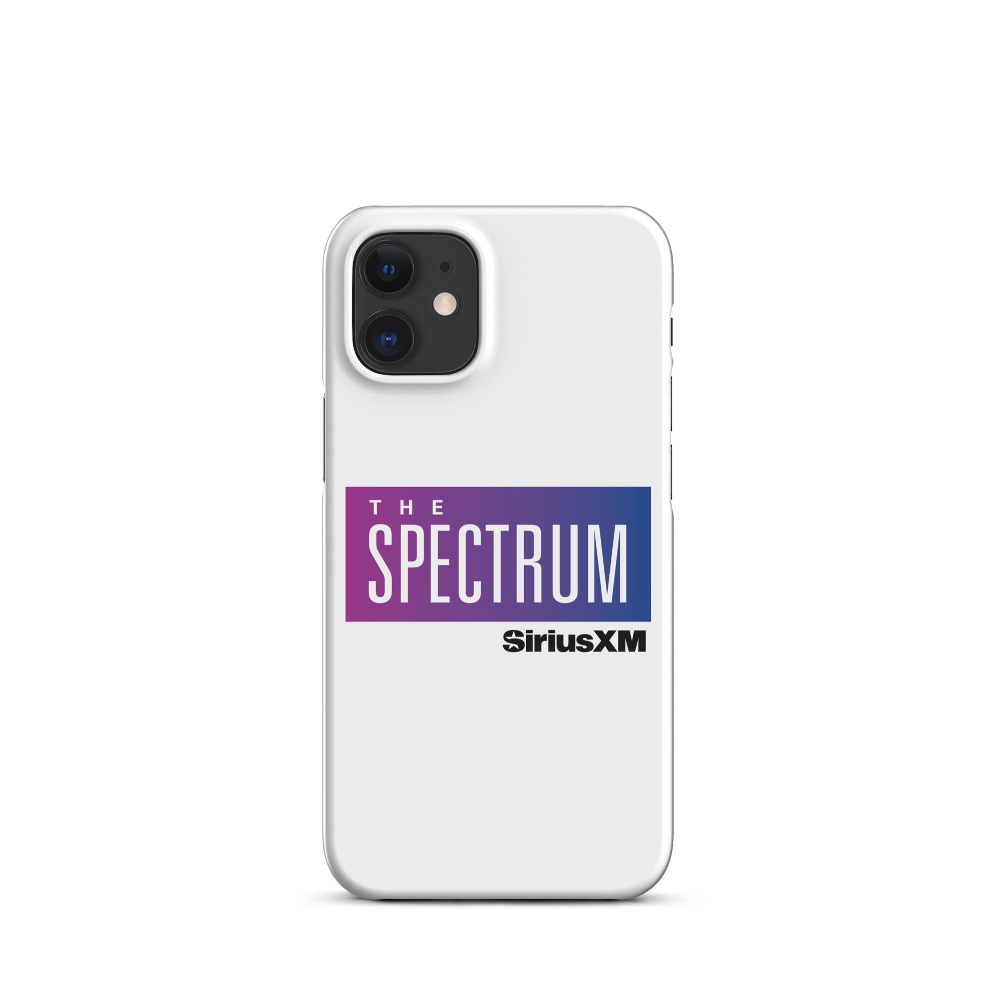 White phone case featuring 'THE SPECTRUM' logo  in gradient blue and purple.and 'SiriusXM' branding.