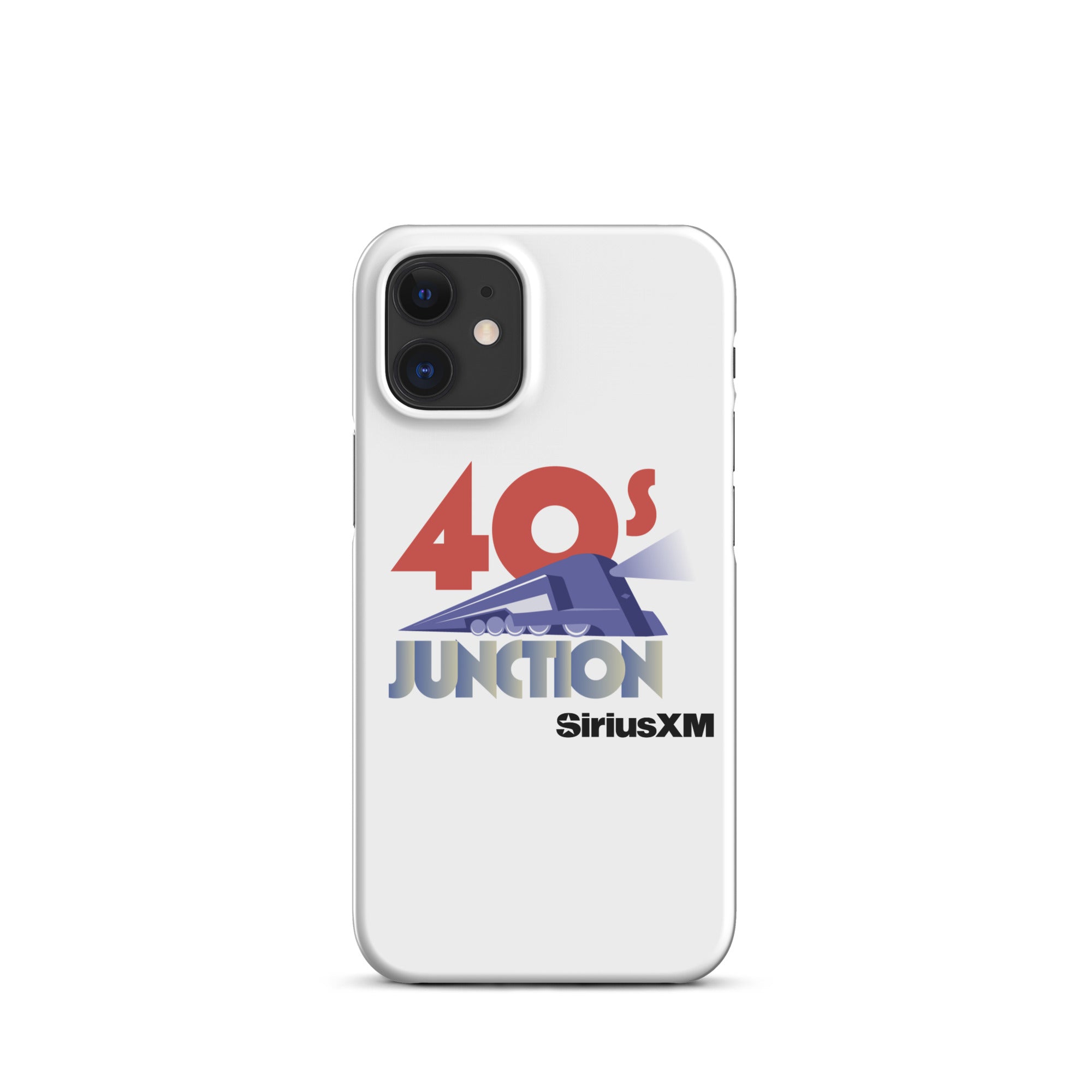 White phone case featuring the text '40s Junction' and a blue train graphic, with 'SiriusXM' logo below.