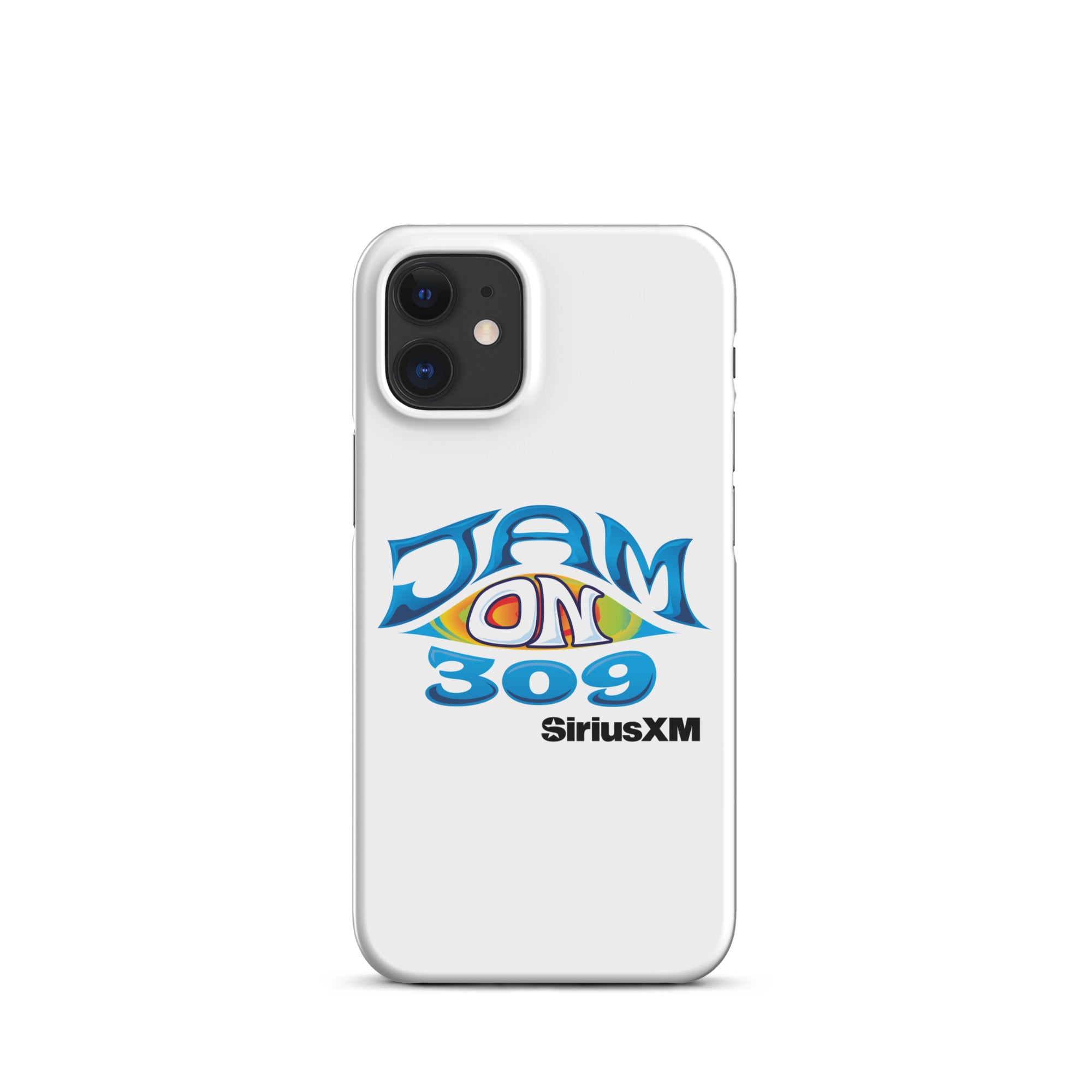 White phone case featuring the logo 'JAM ON 309' and 'SiriusXM' in colorful, stylized lettering.