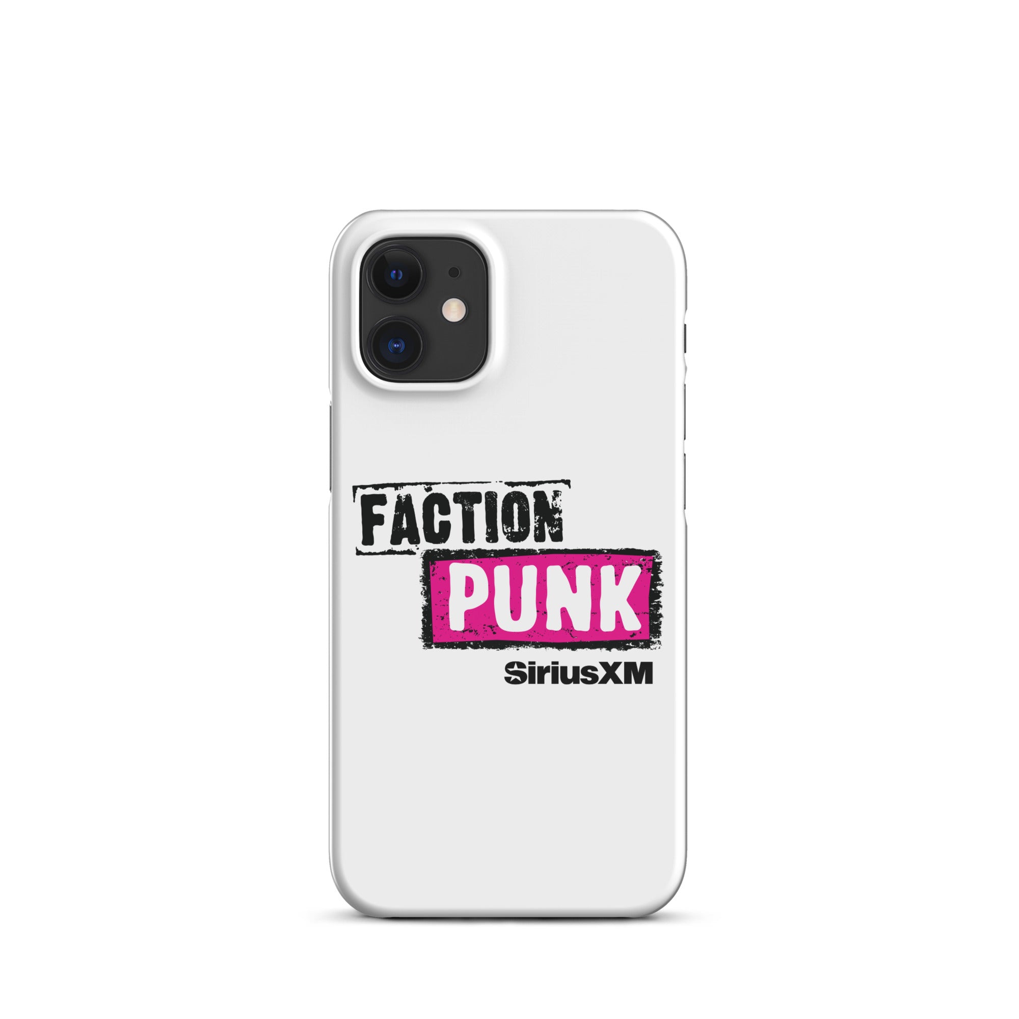 White phone case featuring 'FACTION PUNK' logo in pink and black with 'SiriusXM' branding below.