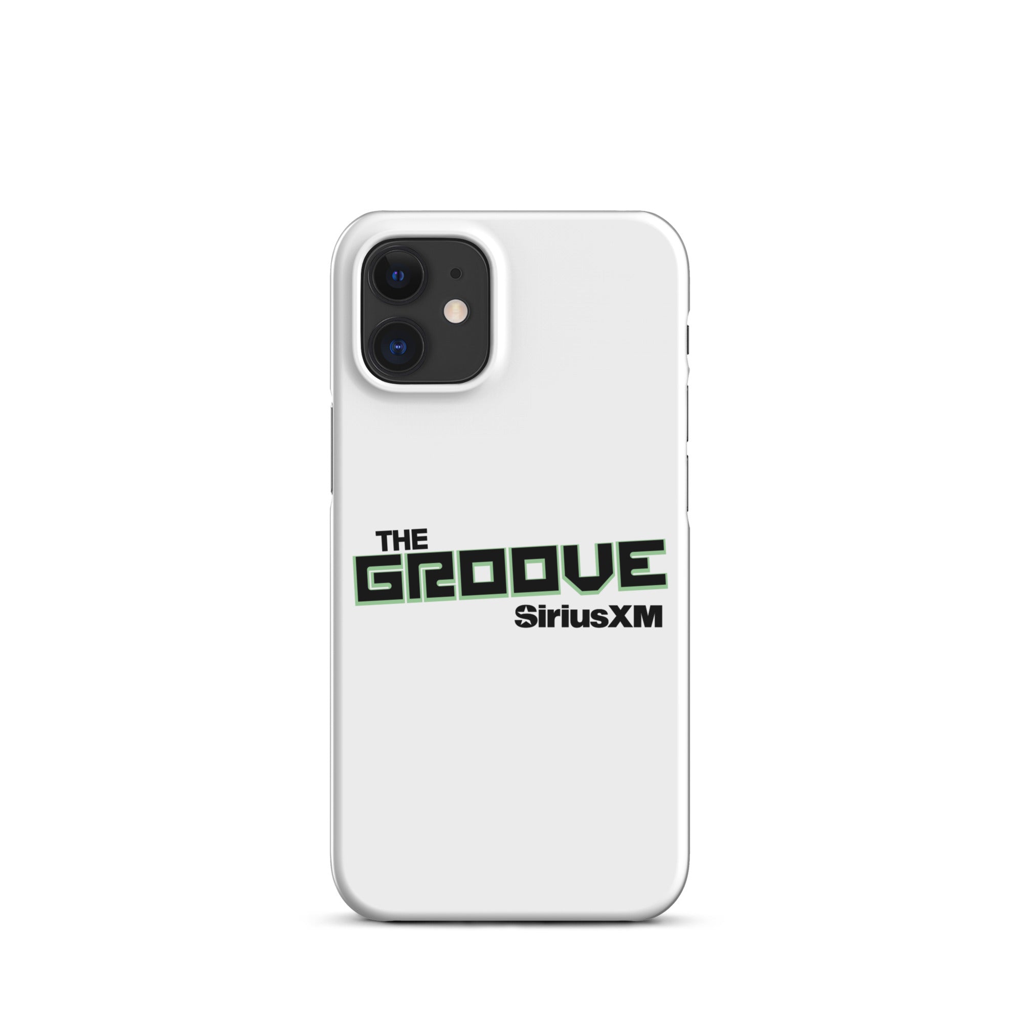White phone case featuring 'THE GROOVE' and 'SiriusXM' logos in black and green.
