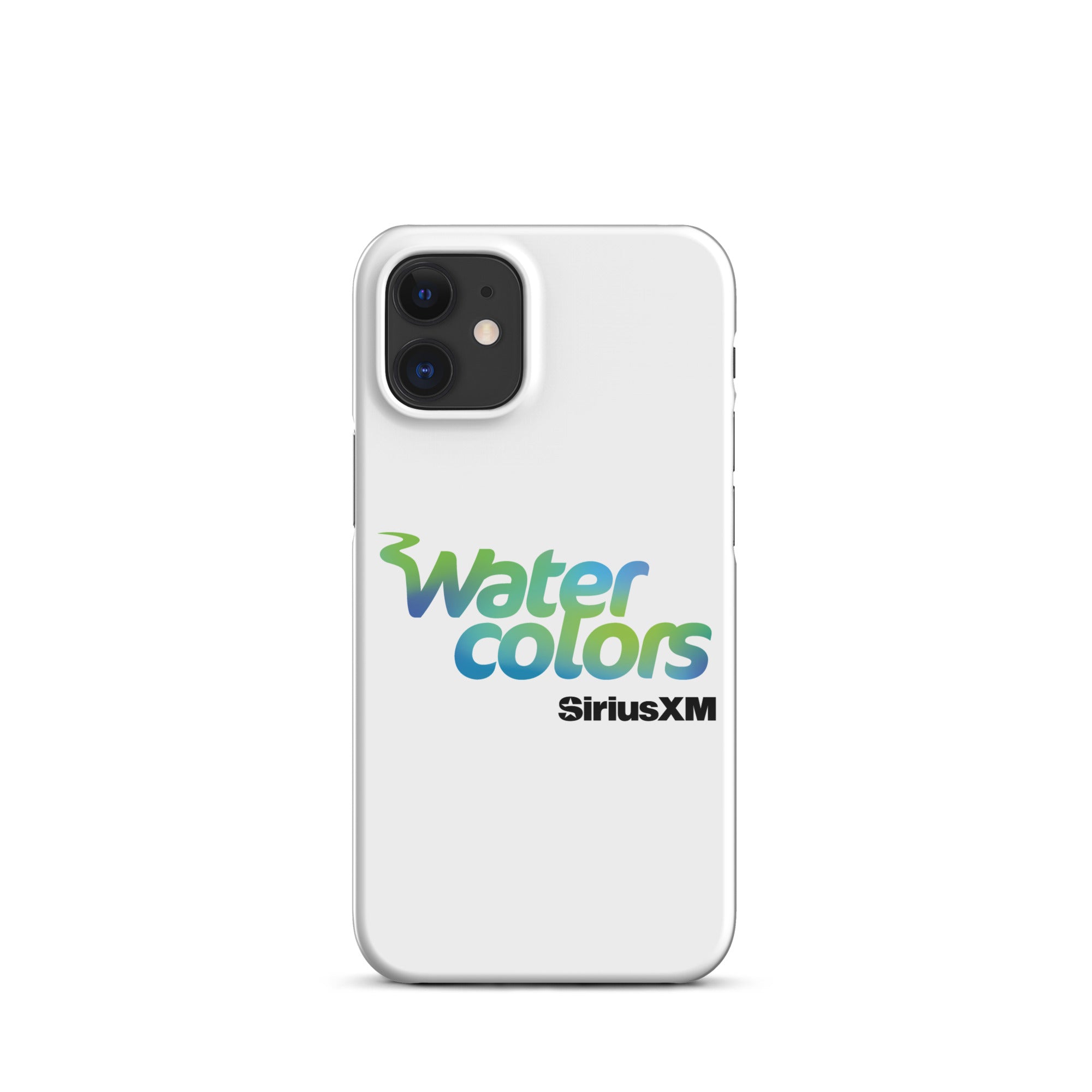 A white phone case featuring the 'Watercolors' logo and 'SiriusXM' branding.