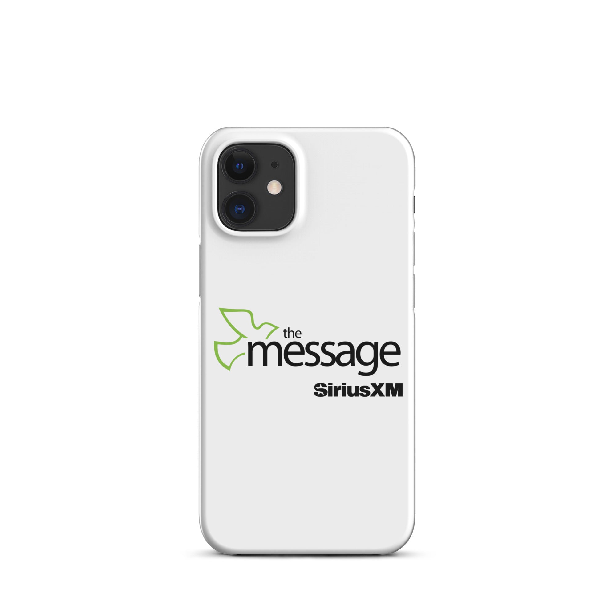 A white phone case featuring 'the message' logo with a green dove and 'SiriusXM' branding.