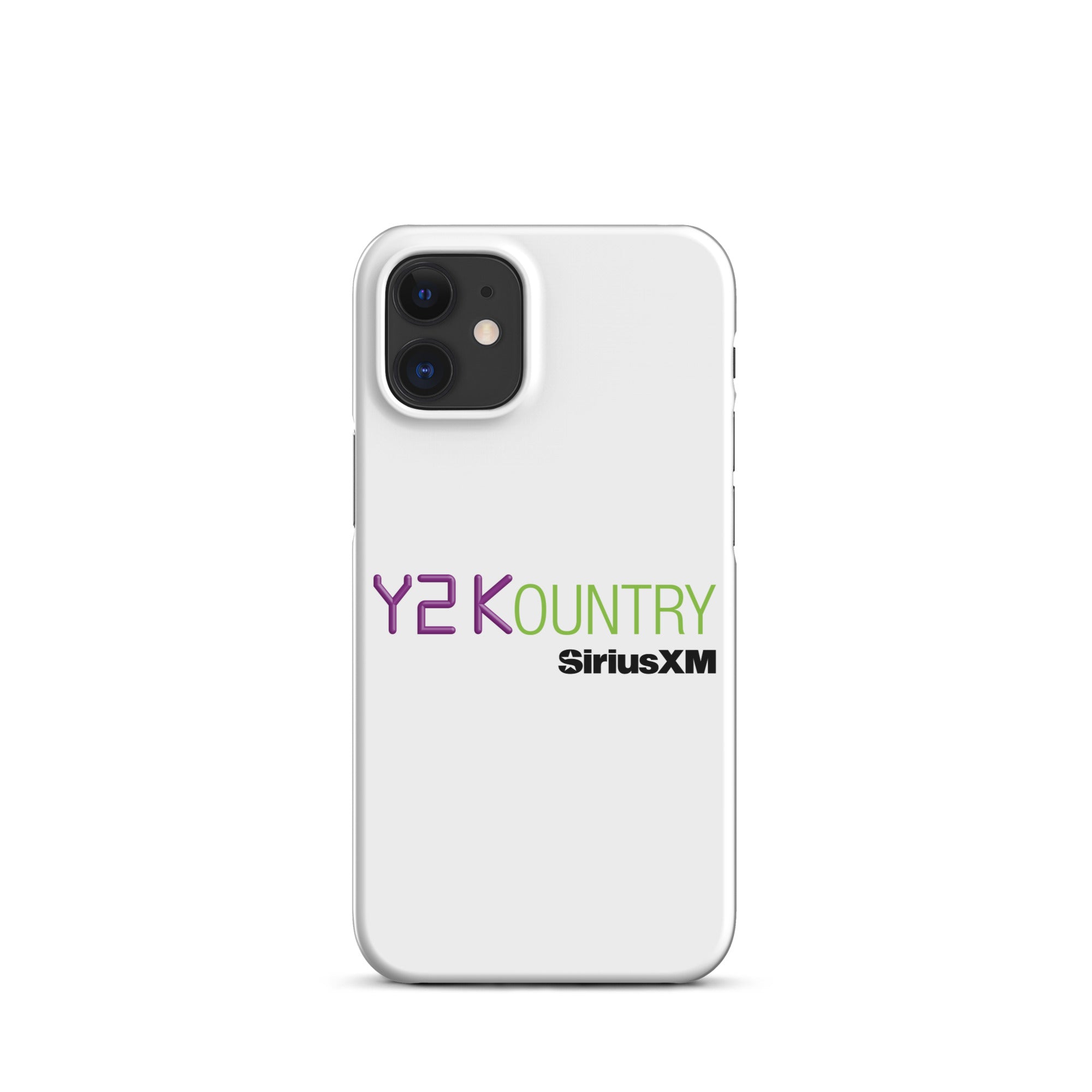White phone case featuring the text 'Y2KOUNTRY' and 'SiriusXM' in purple and green.