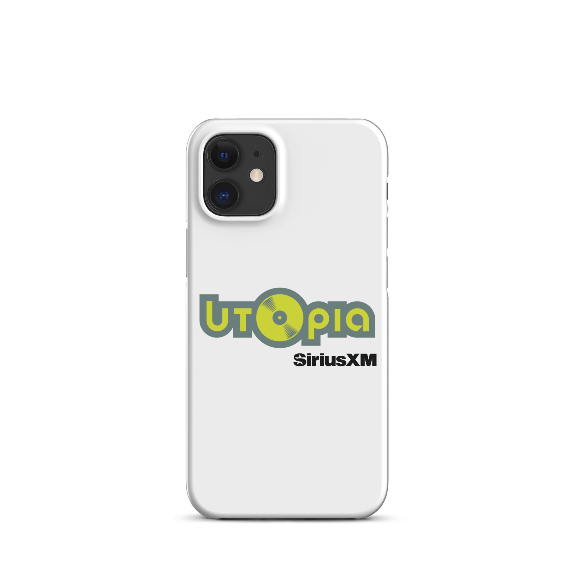 White phone case featuring the logo 'Utopia' with a vinyl record and 'SiriusXM' text.