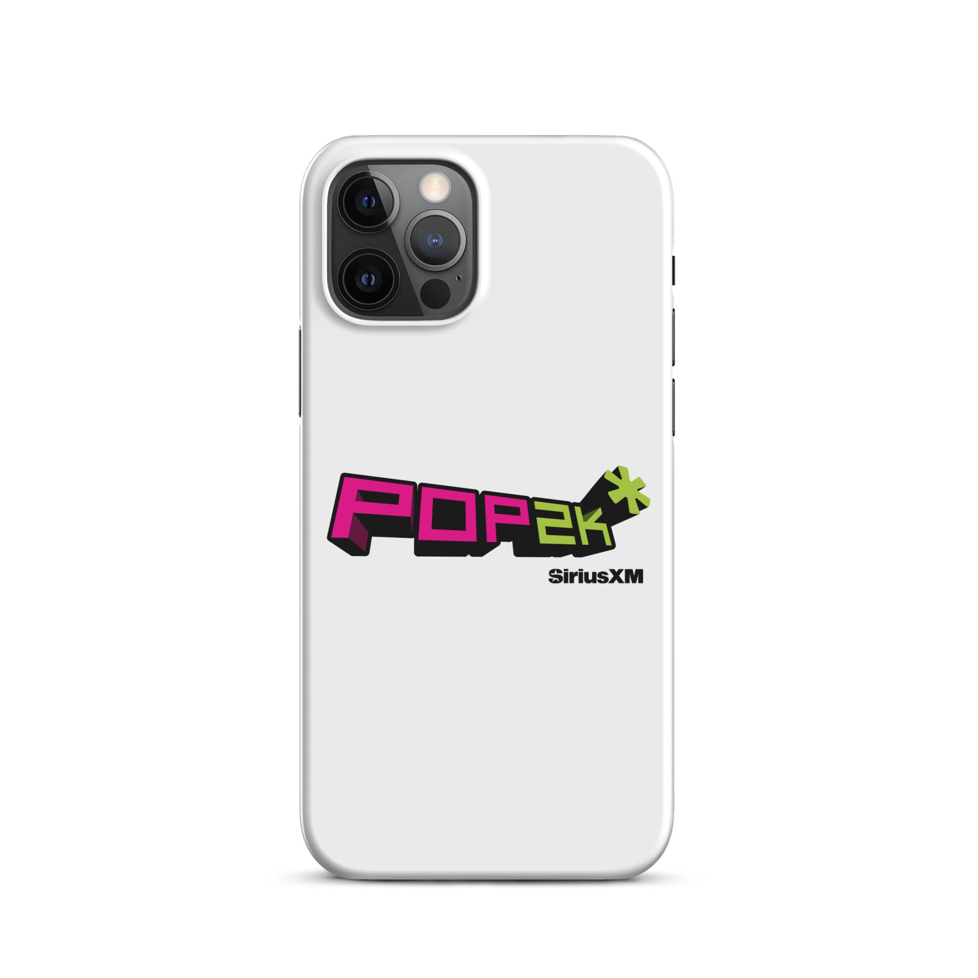 White phone case featuring the 'POP2K' logo in vibrant pink and green colors with 'SiriusXM' branding.