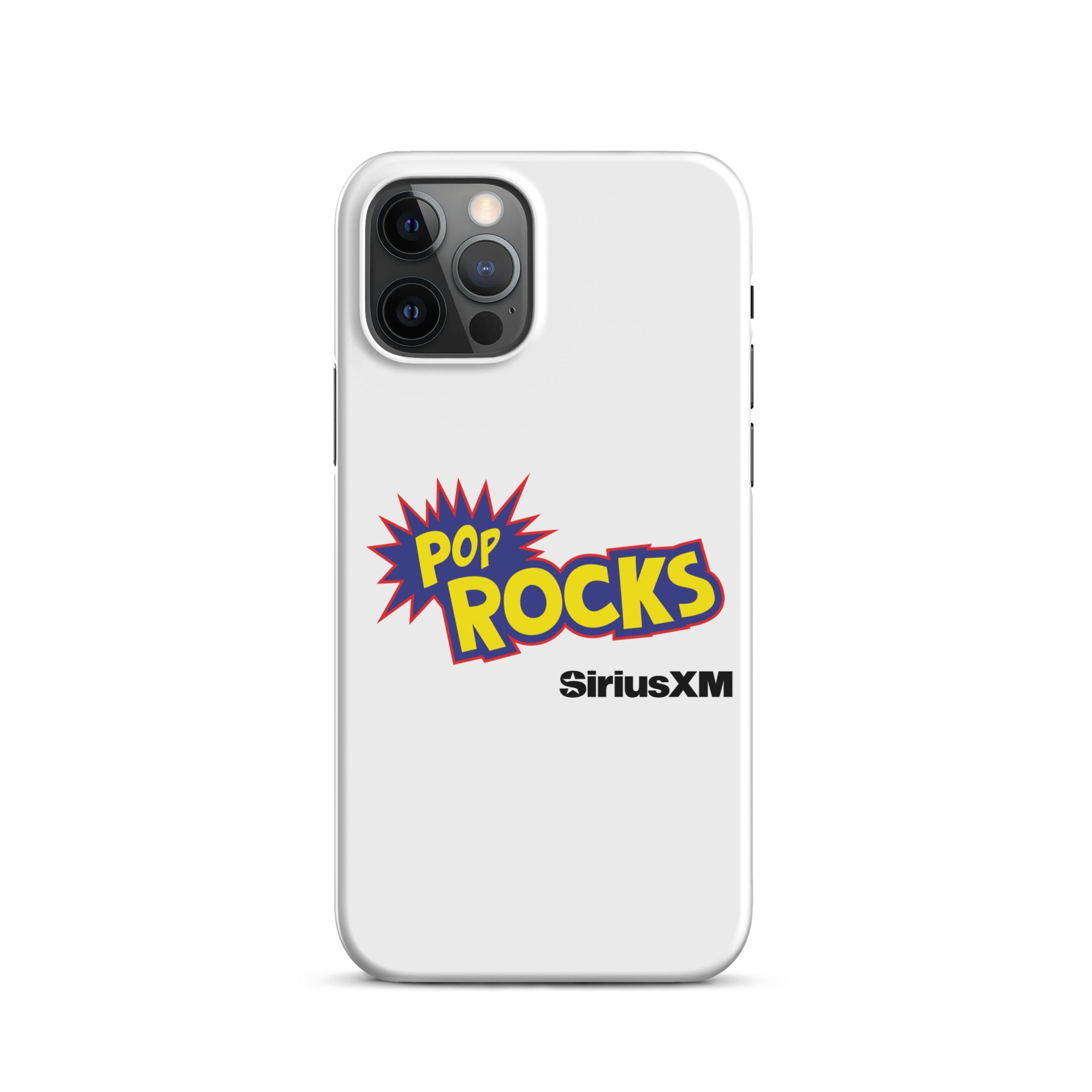 White phone case featuring 'POP ROCKS' logo with a burst design and 'SiriusXM' logo.