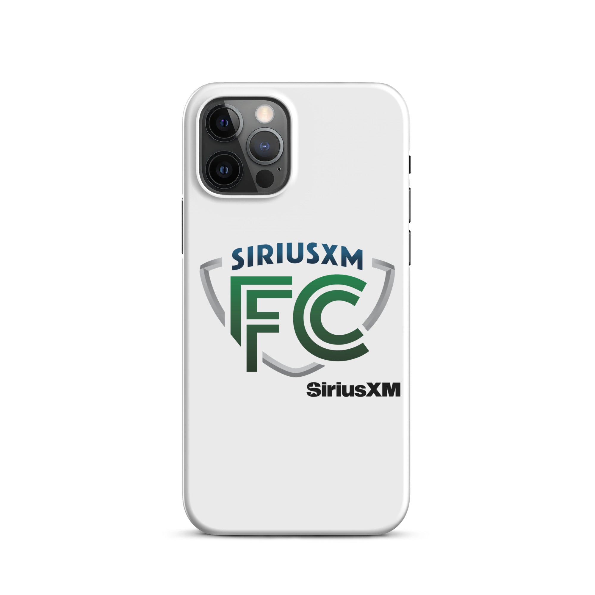 White phone case featuring the 'SiriusXM FC' logo in green and gray with 'SiriusXM' branding in black.