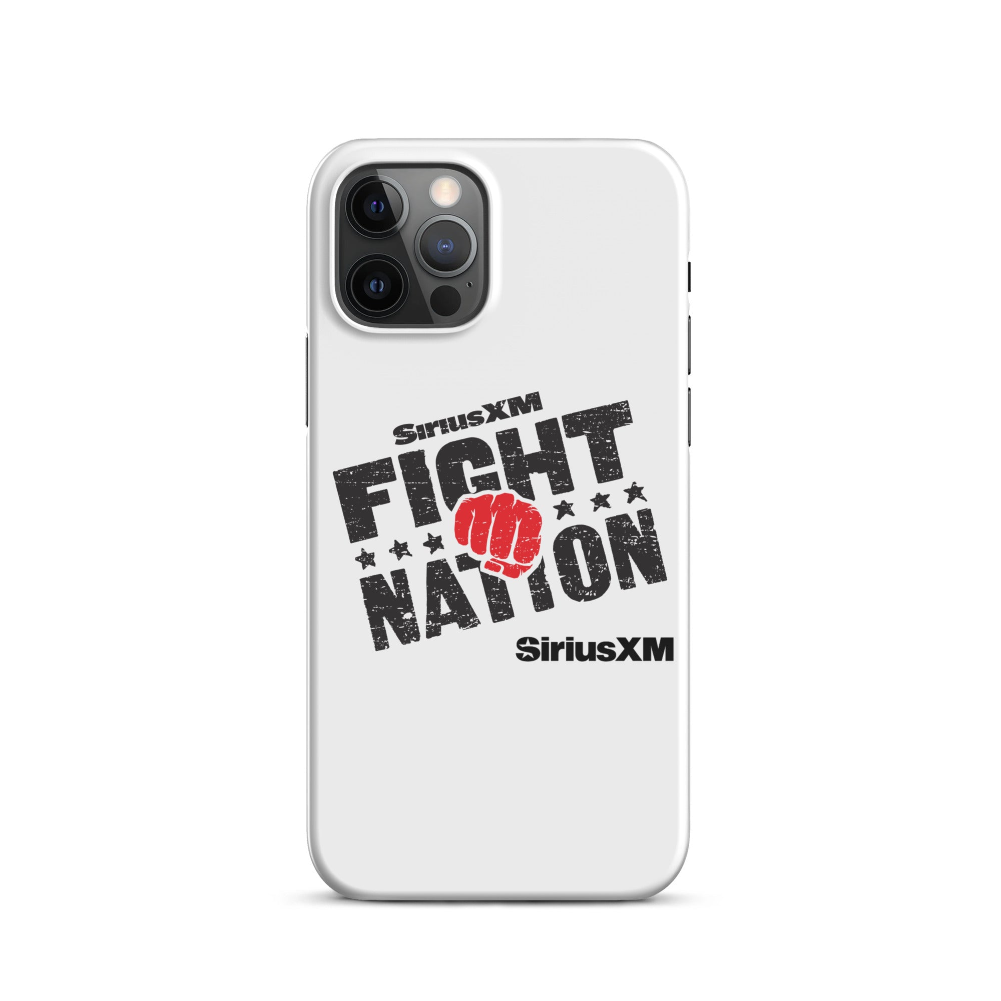 White phone case featuring 'SiriusXM FIGHT NATION' logo with a red fist and stars with 'SiriusXM' branding underneath.