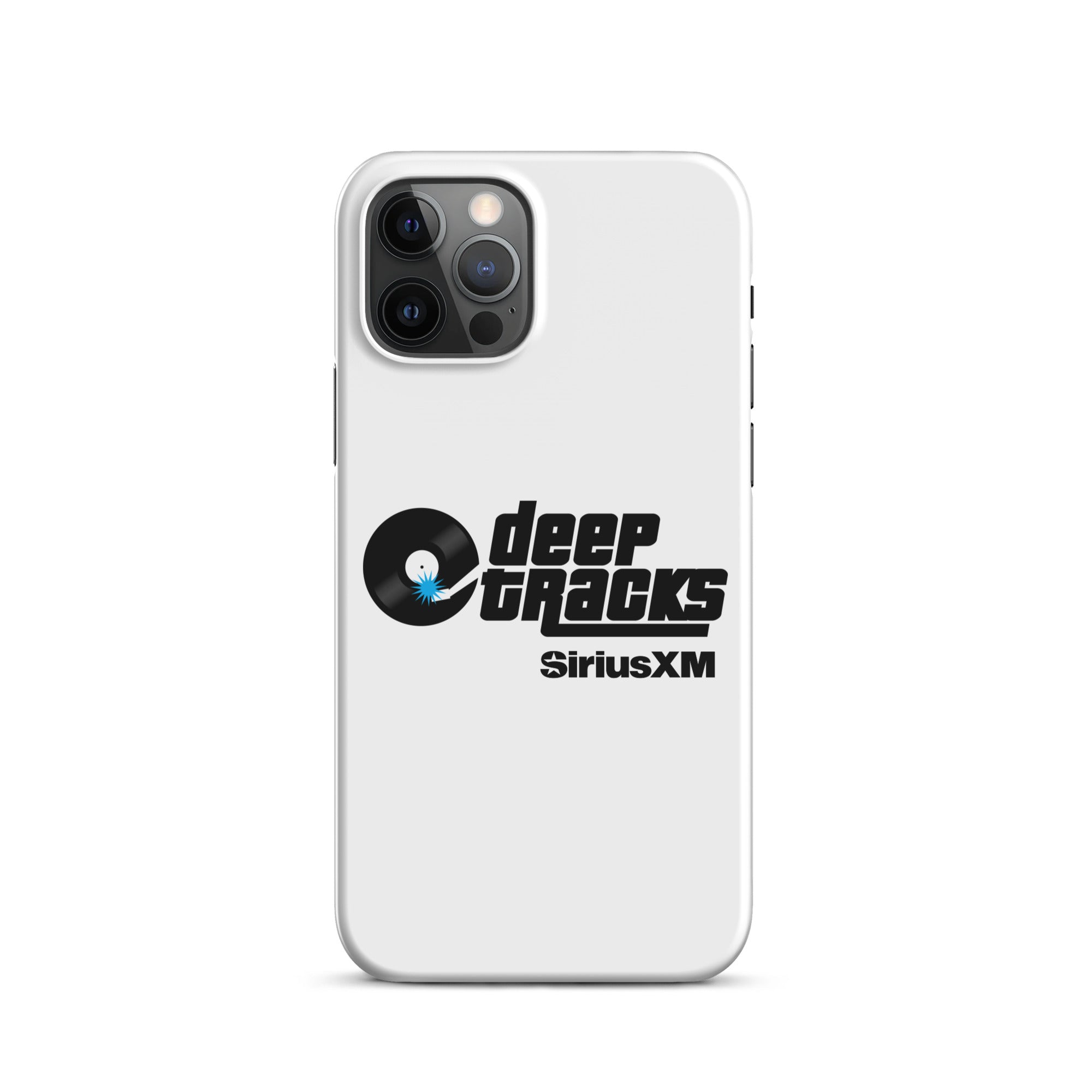 White phone case featuring 'deep TRACKS' and 'SiriusXM' logos with a vinyl record graphic.