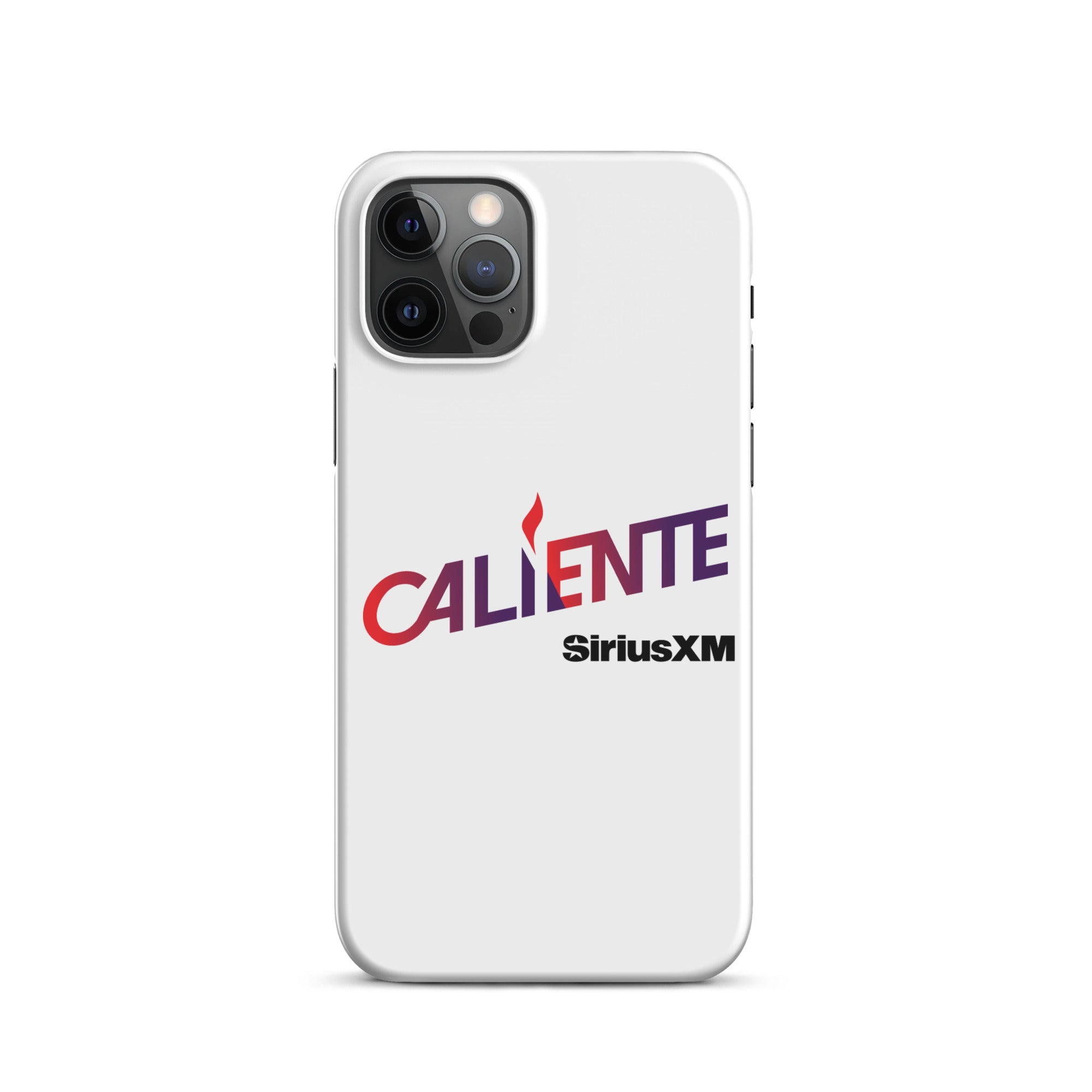 White phone case featuring 'CALIENTE' logo and 'SiriusXM' in bold lettering.