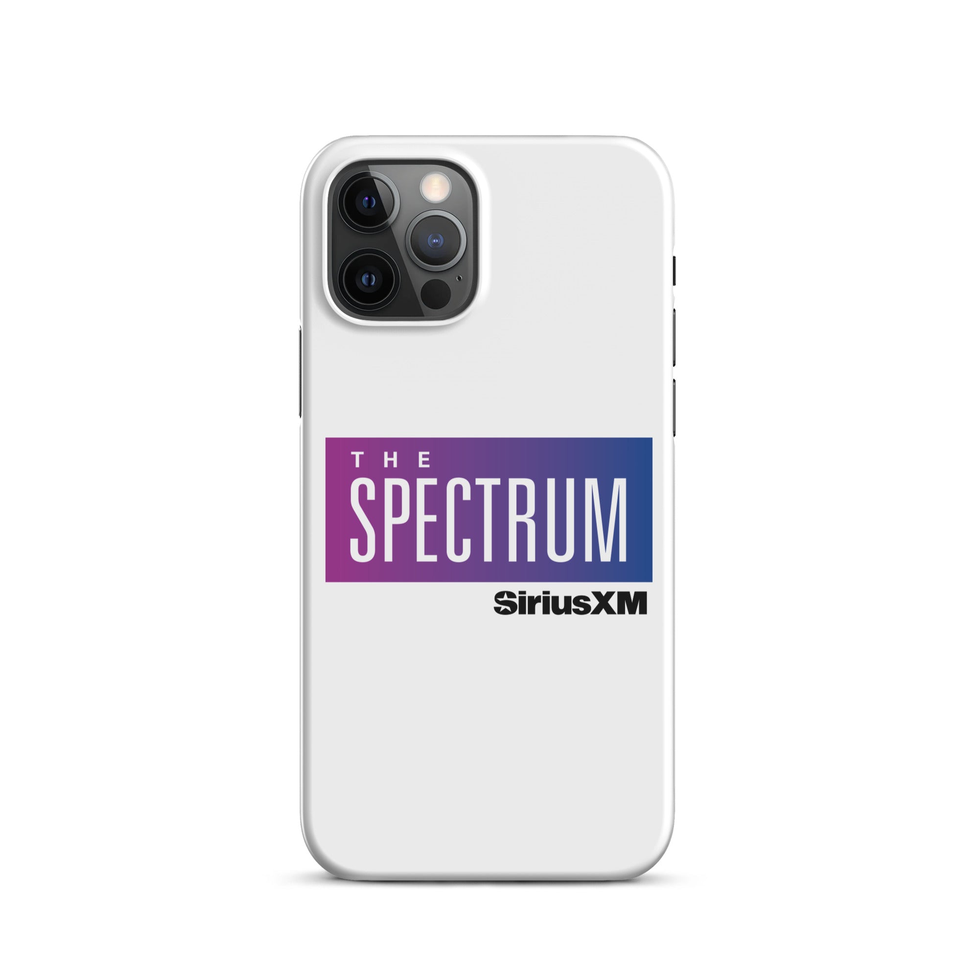 White phone case featuring 'THE SPECTRUM' logo  in gradient blue and purple.and 'SiriusXM' branding.