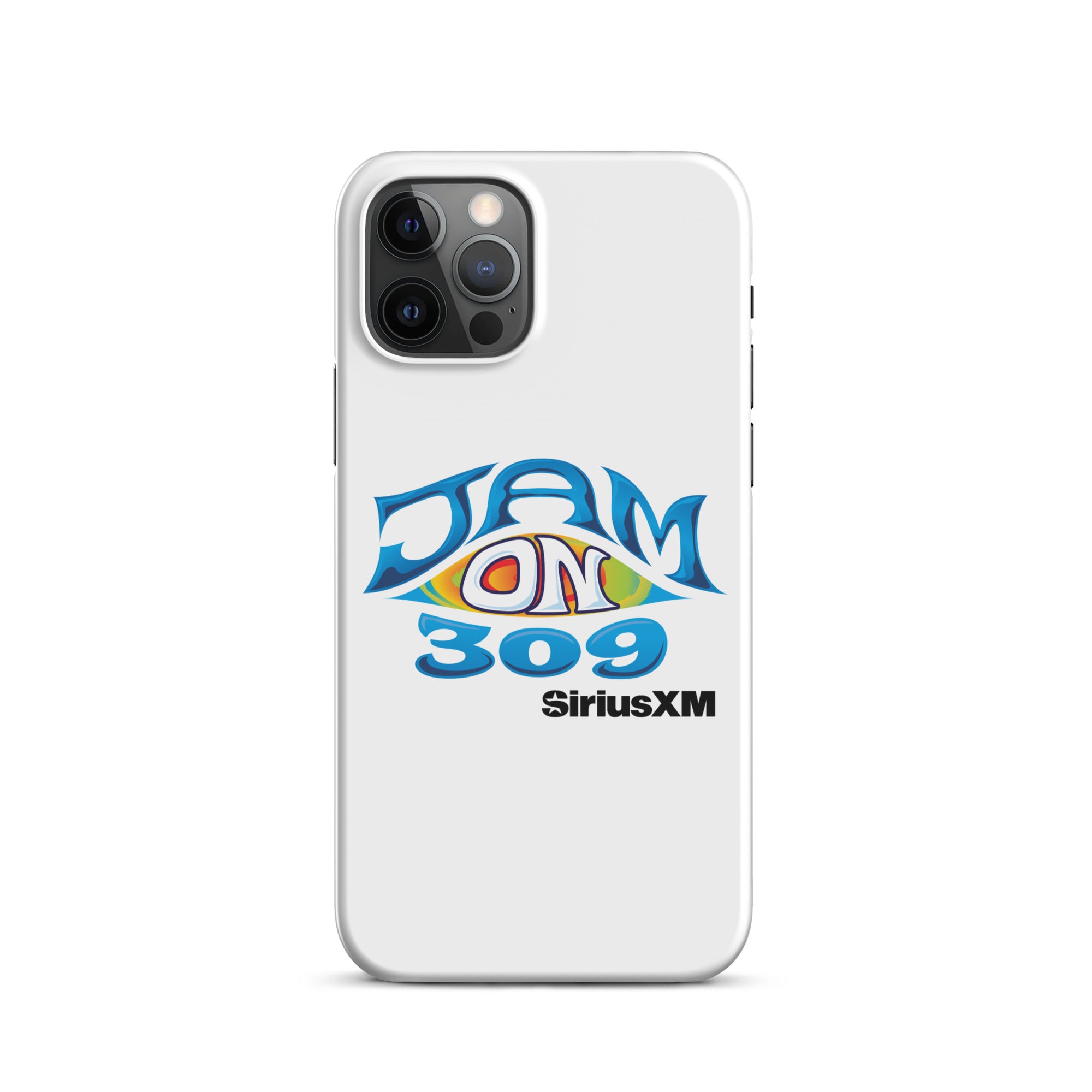White phone case featuring the logo 'JAM ON 309' and 'SiriusXM' in colorful, stylized lettering.