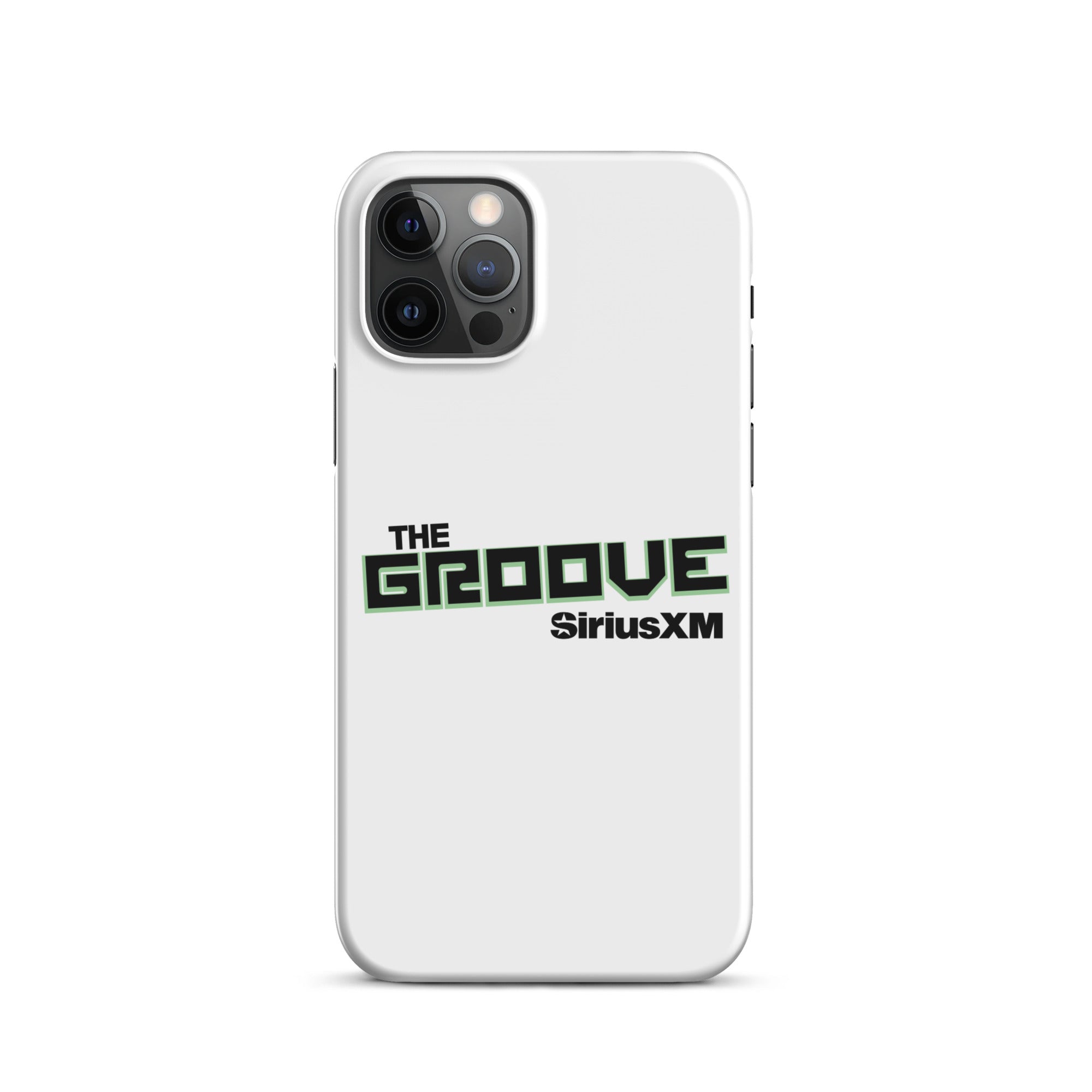 White phone case featuring 'THE GROOVE' and 'SiriusXM' logos in black and green.