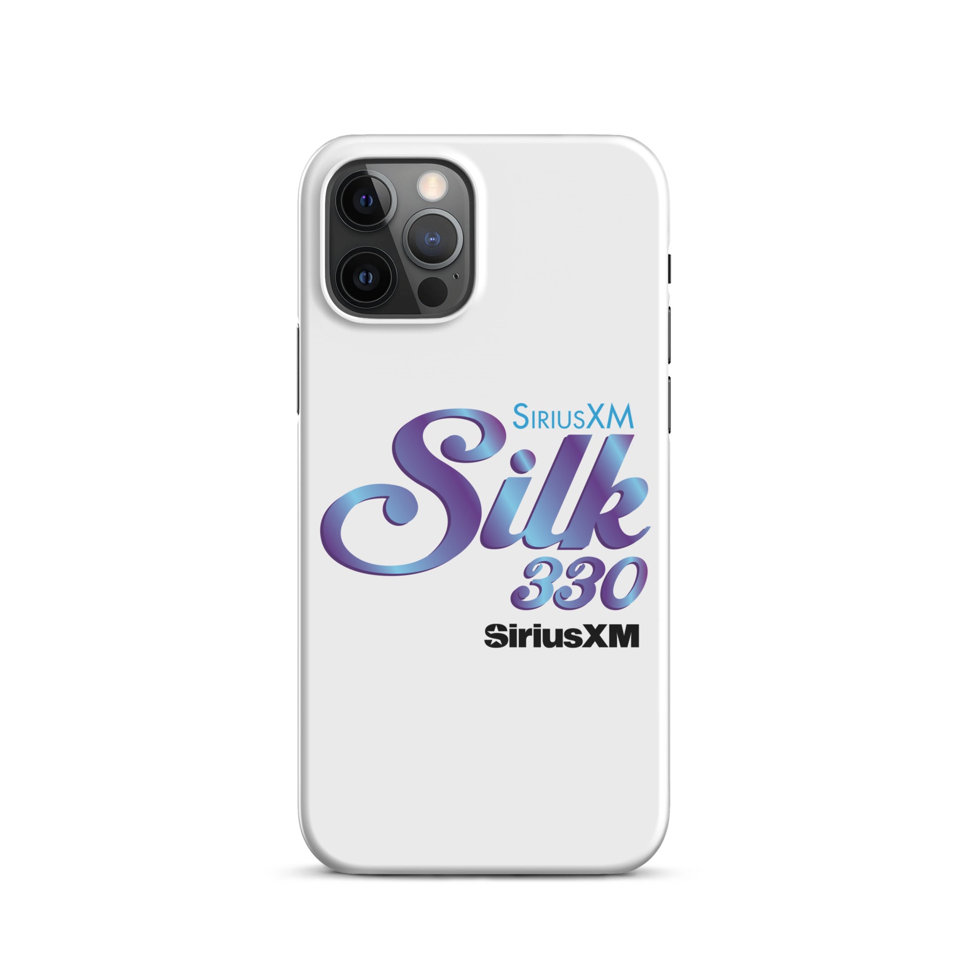 White smartphone case with 'SiriusXM Silk 330' logo in stylized purple and blue lettering and 'SiriusXM' branding.
