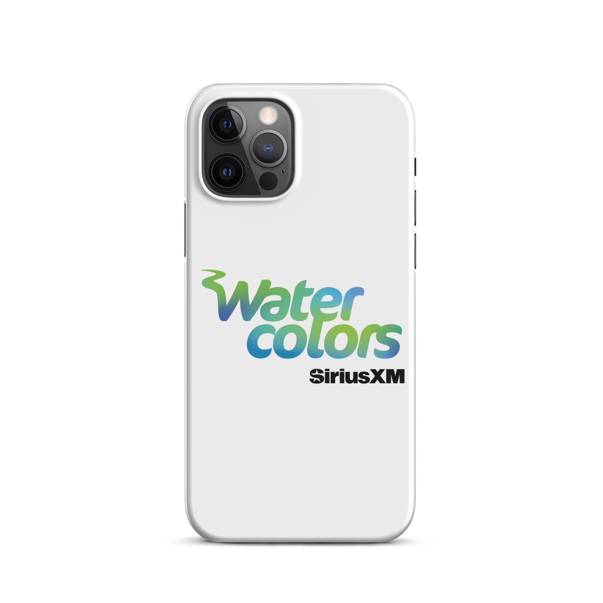 A white phone case featuring the 'Watercolors' logo and 'SiriusXM' branding.