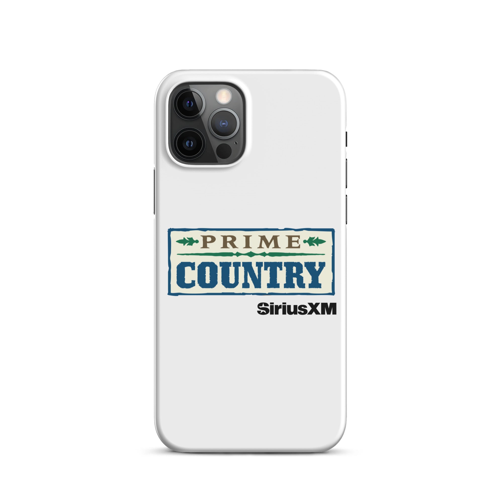 White phone case featuring the 'PRIME COUNTRY' logo and 'SiriusXM' branding.