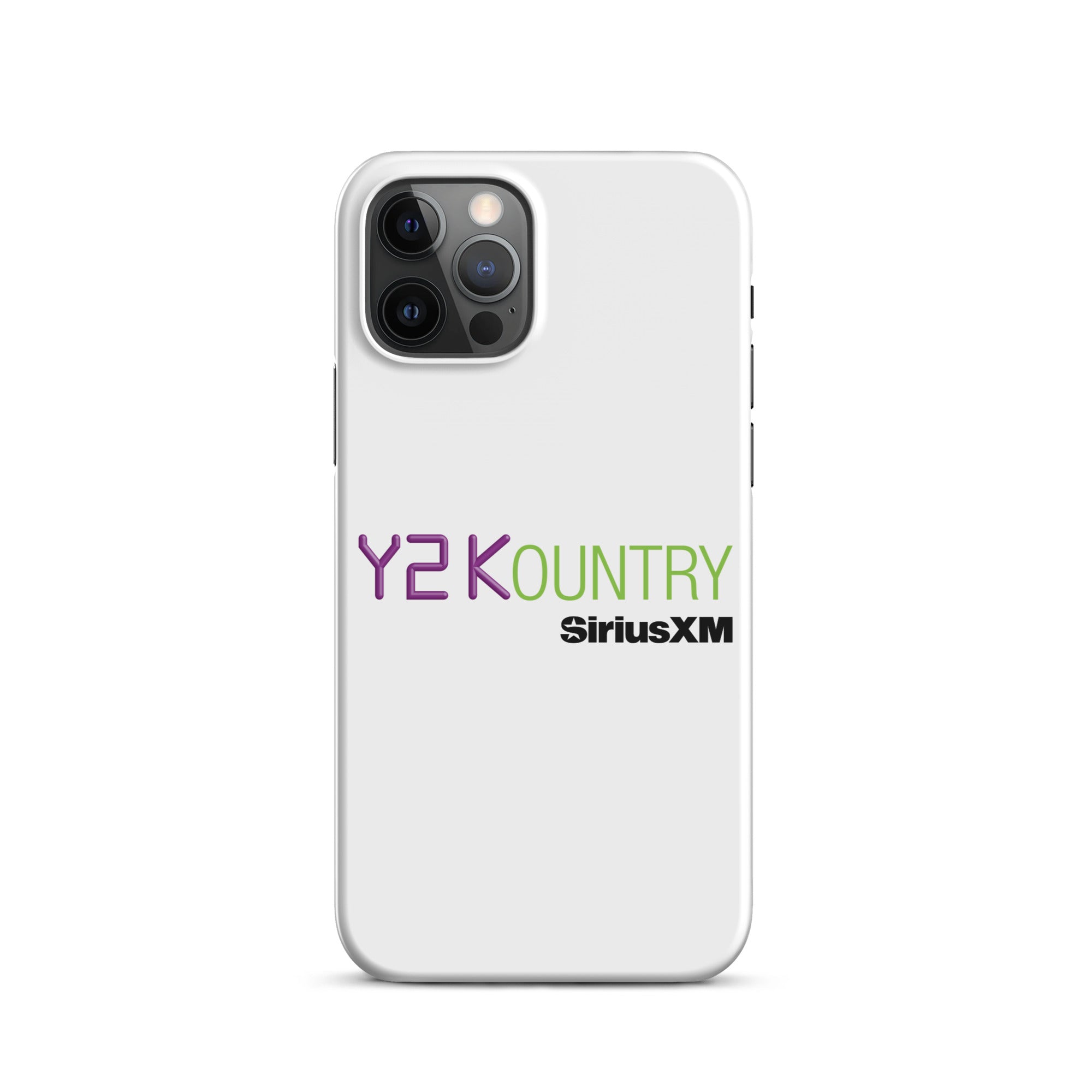 White phone case featuring the text 'Y2KOUNTRY' and 'SiriusXM' in purple and green.
