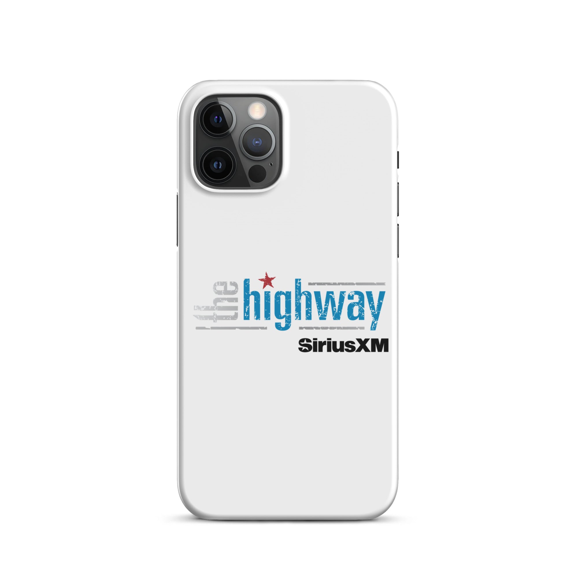 White phone case featuring 'the highway' and 'SiriusXM' logos in blue and black.