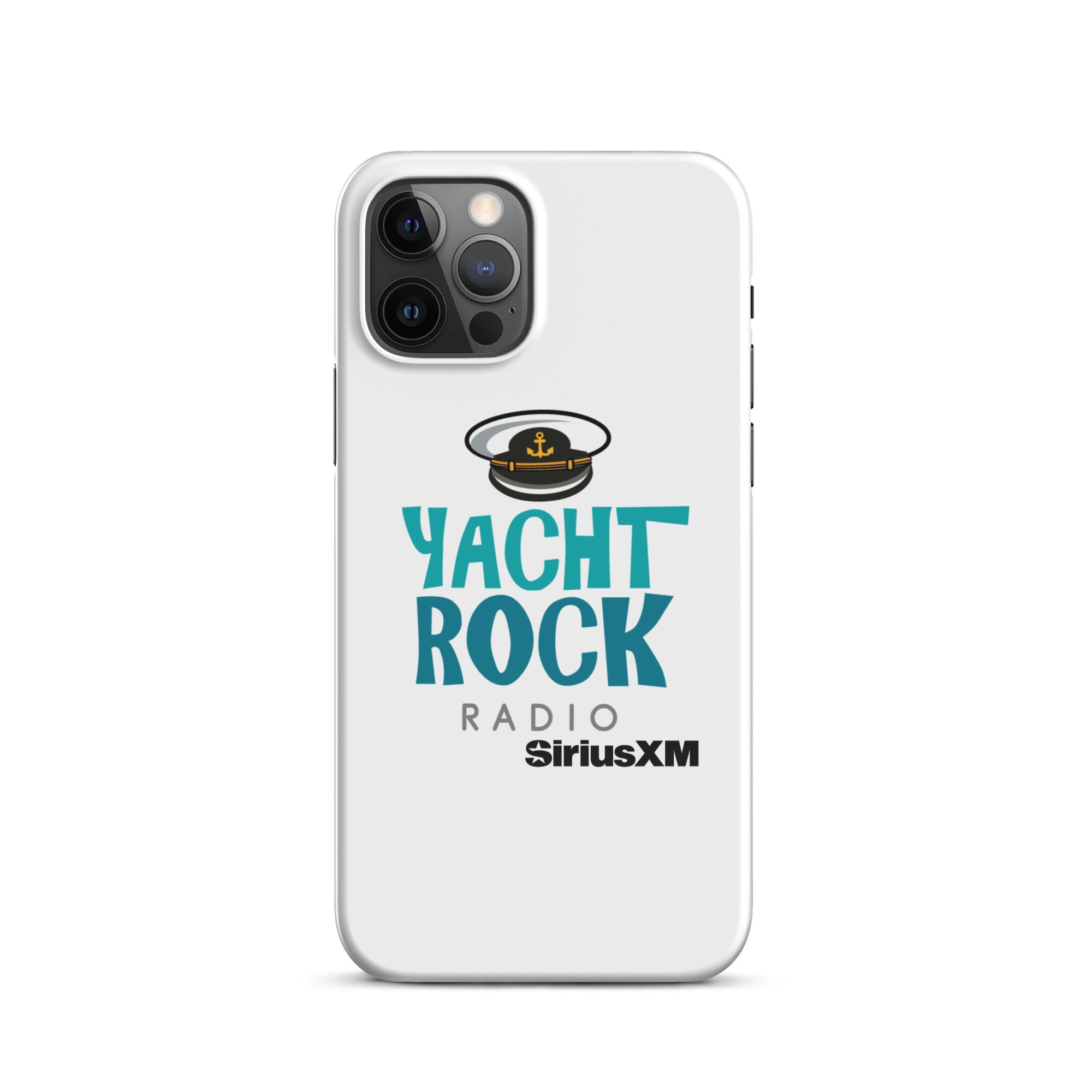 White phone case featuring 'Yacht Rock Radio' logo with a captain's hat and 'SiriusXM' branding.