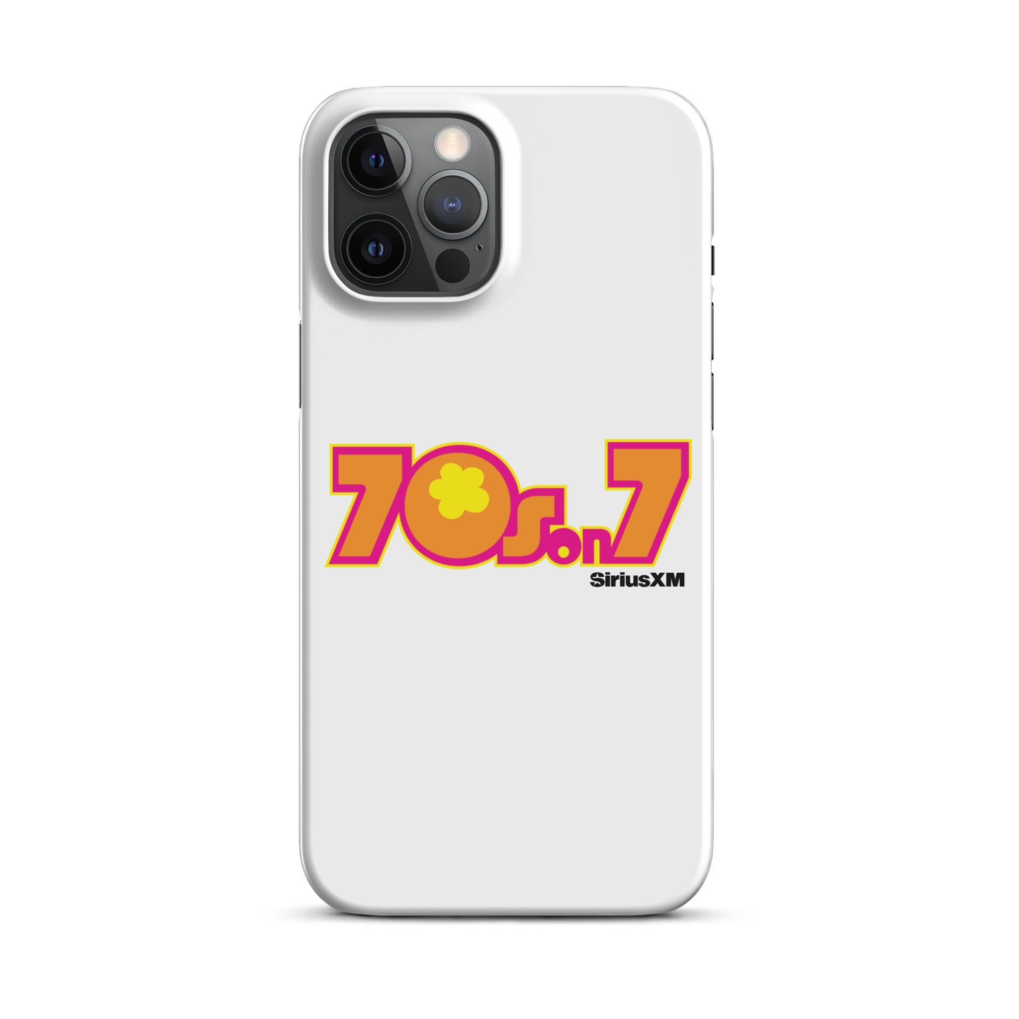 A white phone case featuring a colorful '70s on 7' logo with a flower and the 'SiriusXM' branding.