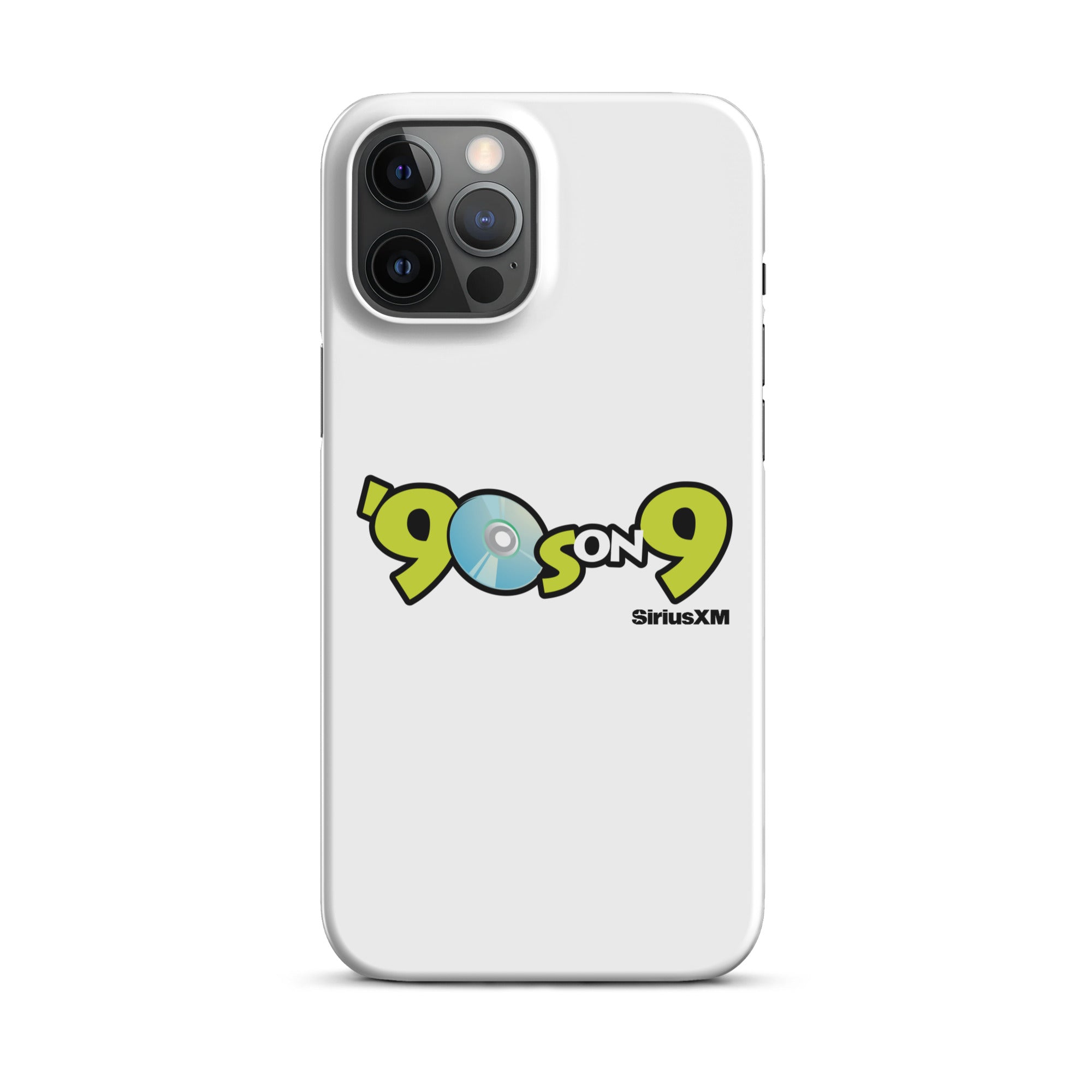 White phone case featuring the '90s on 9' logo with CD graphic and 'SiriusXM' branding.