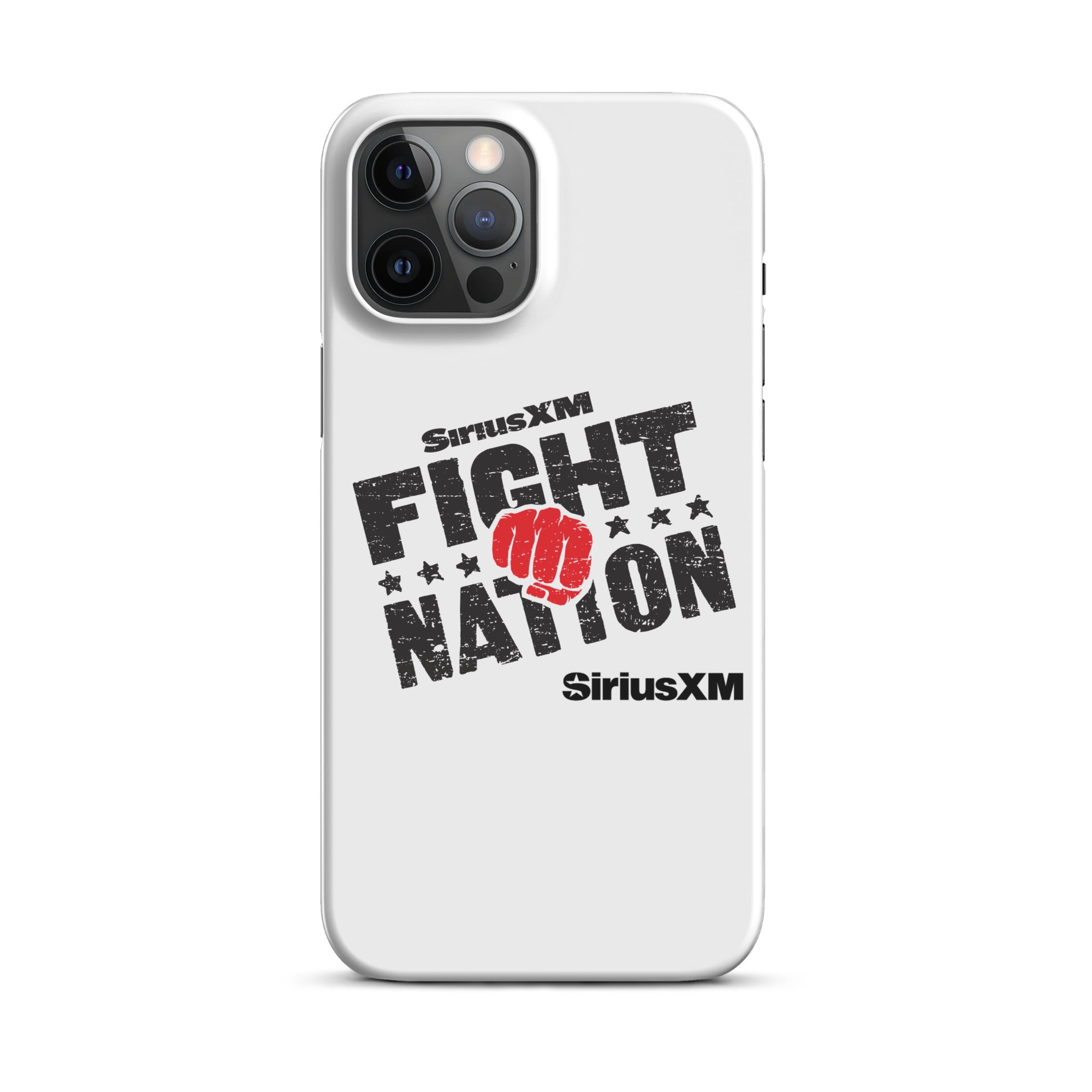 White phone case featuring 'SiriusXM FIGHT NATION' logo with a red fist and stars with 'SiriusXM' branding underneath.