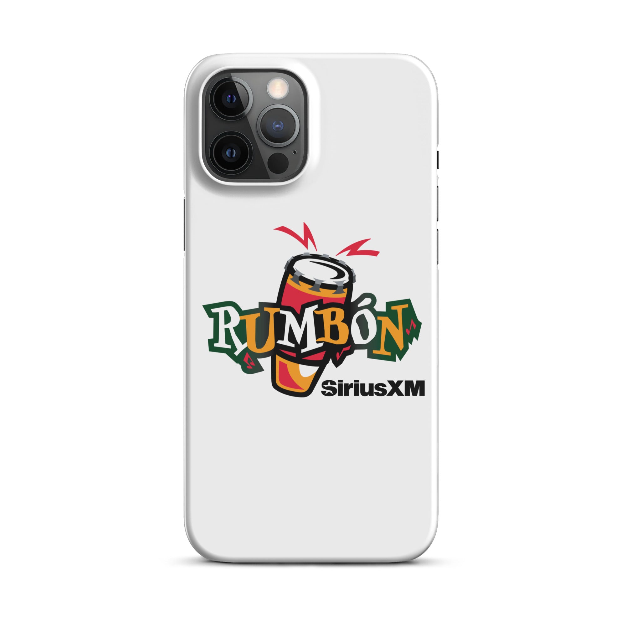 White phone case featuring 'Rumbón' logo with a conga drum and 'SiriusXM' branding.
