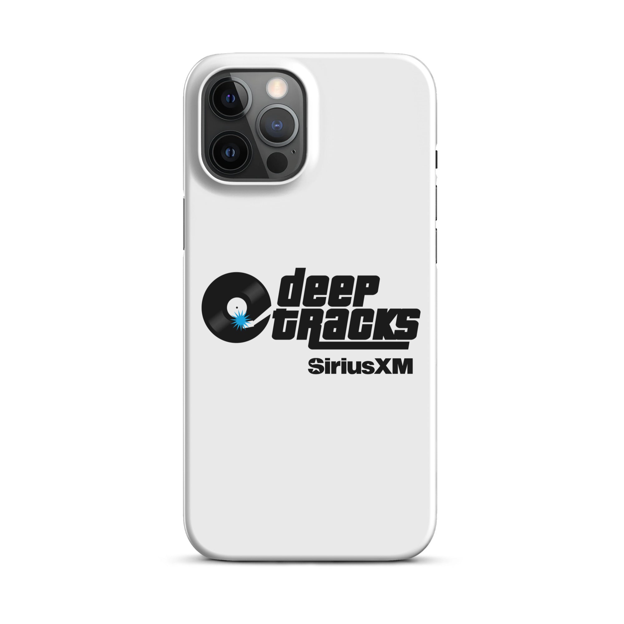 White phone case featuring 'deep TRACKS' and 'SiriusXM' logos with a vinyl record graphic.