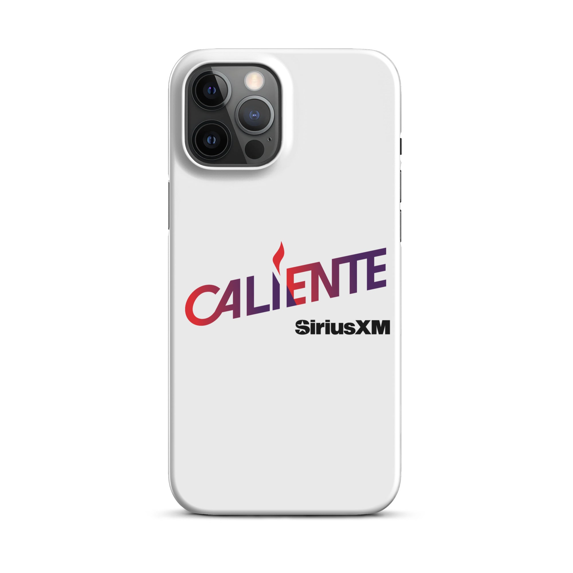 White phone case featuring 'CALIENTE' logo and 'SiriusXM' in bold lettering.