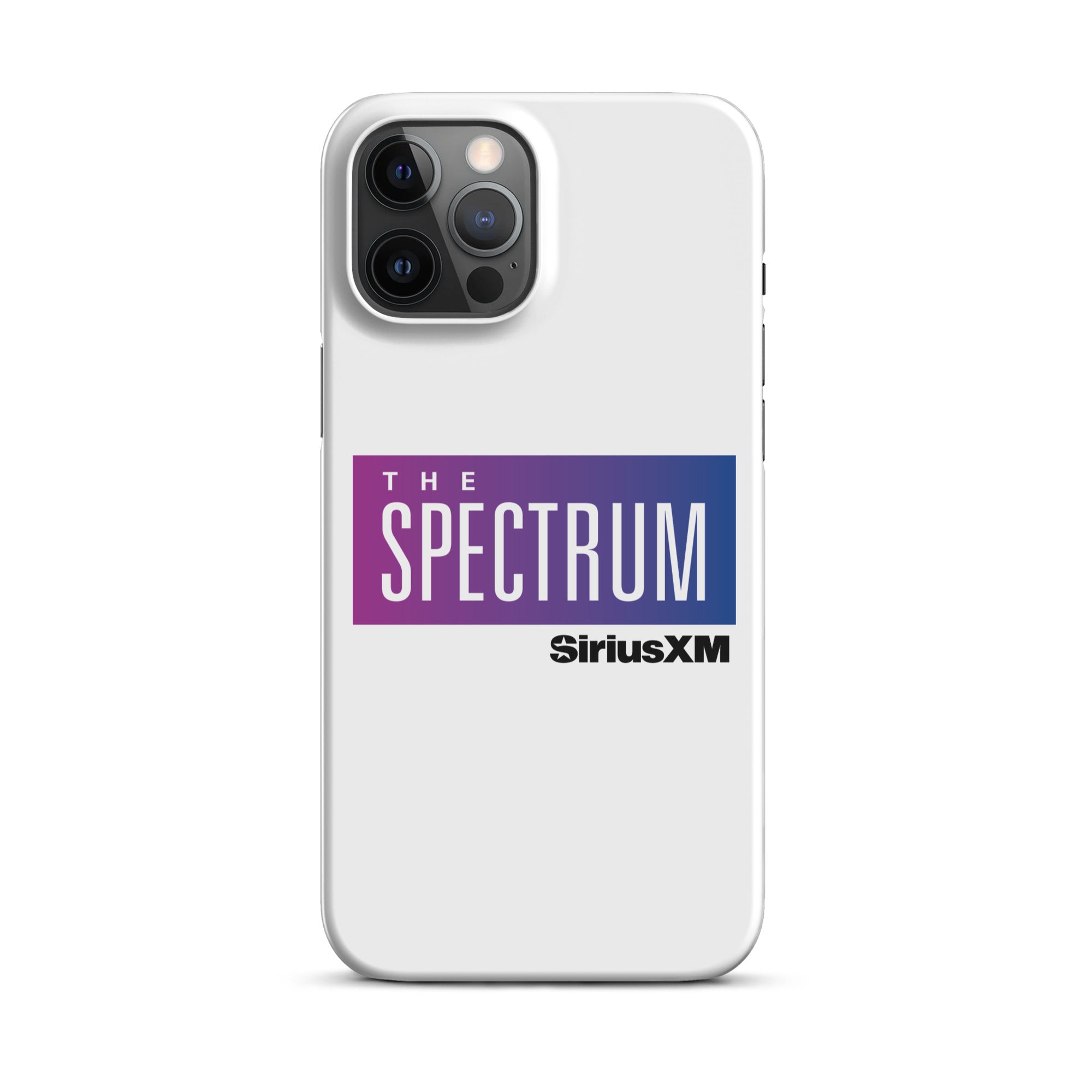 White phone case featuring 'THE SPECTRUM' logo  in gradient blue and purple.and 'SiriusXM' branding.