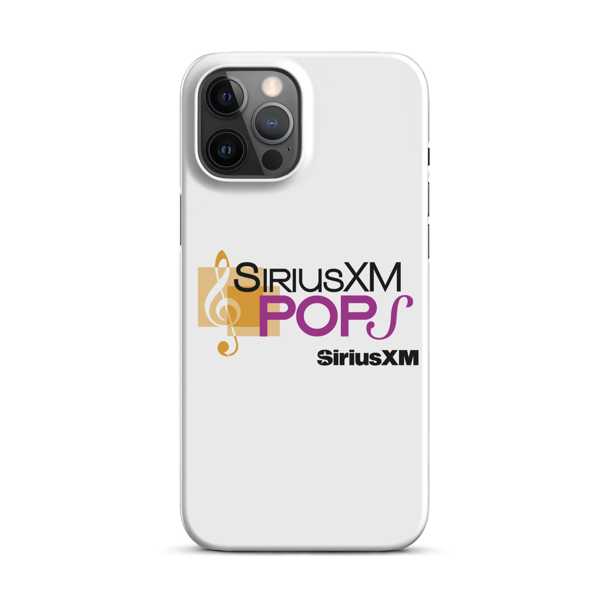 A white phone case featuring the 'SiriusXM POPS' logo in purple with a gold musical note design and 'SiriusXM' branding.