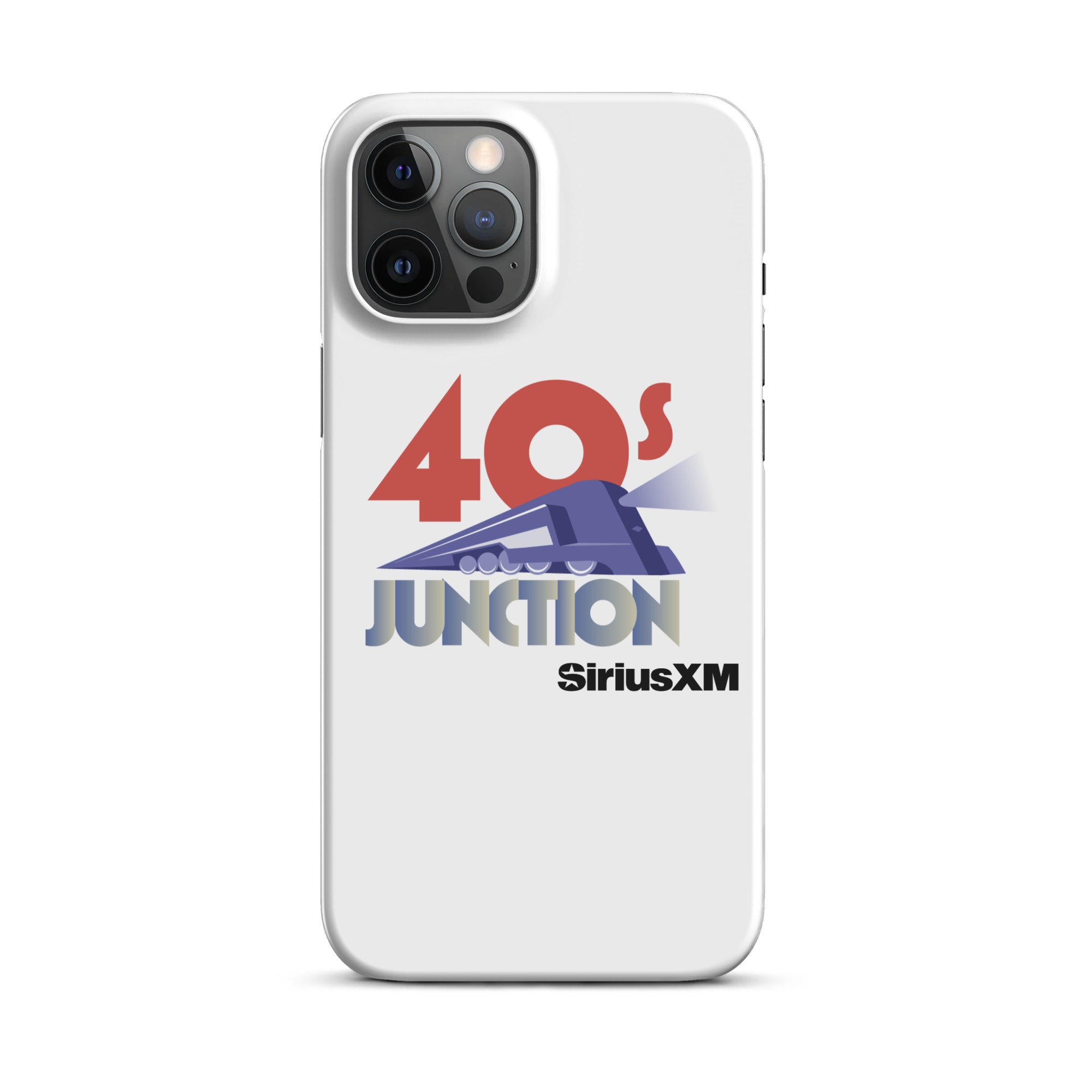 White phone case featuring the text '40s Junction' and a blue train graphic, with 'SiriusXM' logo below.