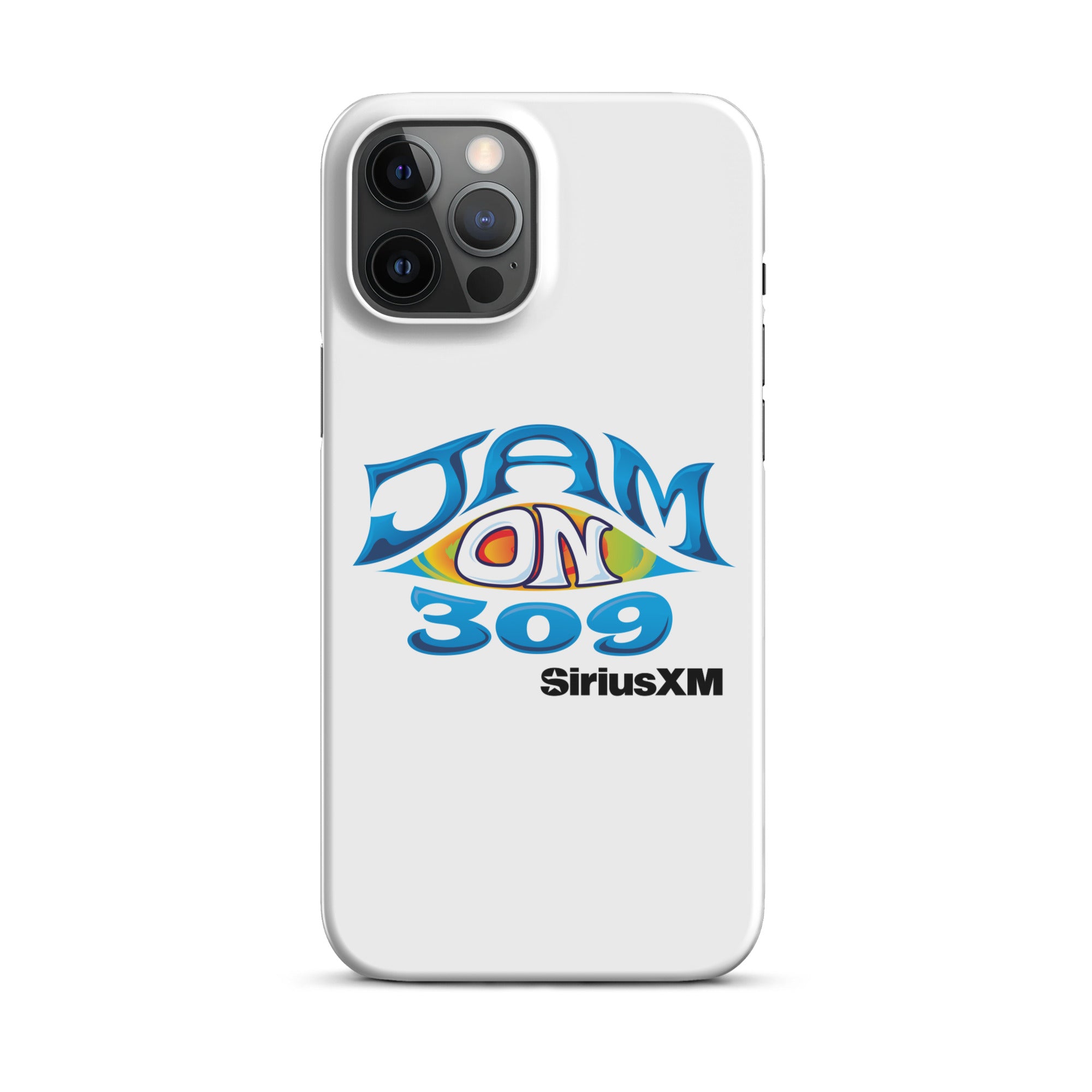 White phone case featuring the logo 'JAM ON 309' and 'SiriusXM' in colorful, stylized lettering.