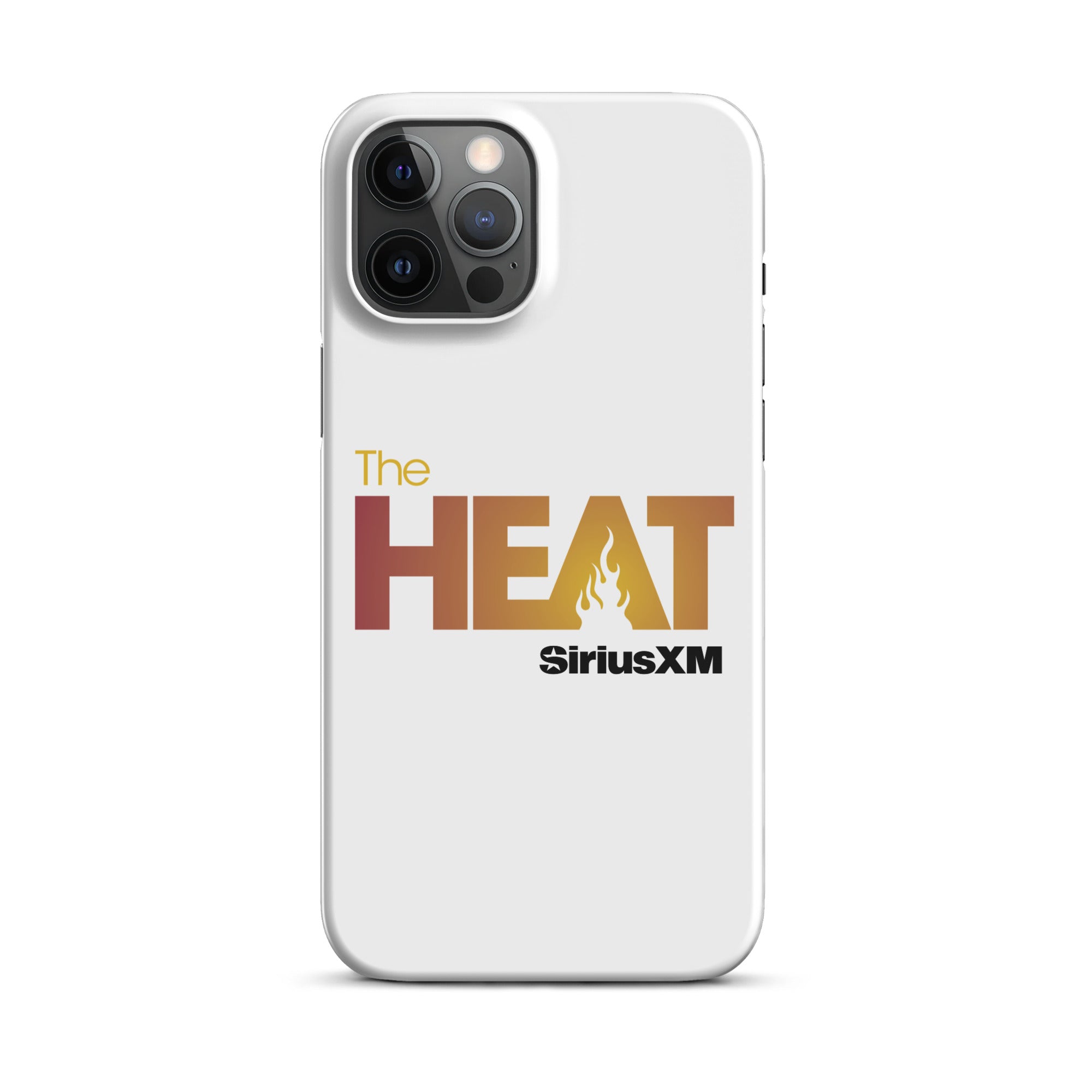 White phone case featuring 'The HEAT' text with a flame design and 'SiriusXM' logo.