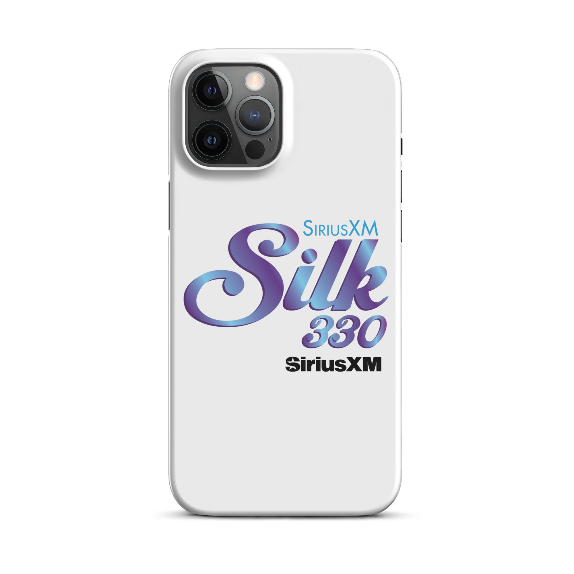 White smartphone case with 'SiriusXM Silk 330' logo in stylized purple and blue lettering and 'SiriusXM' branding.