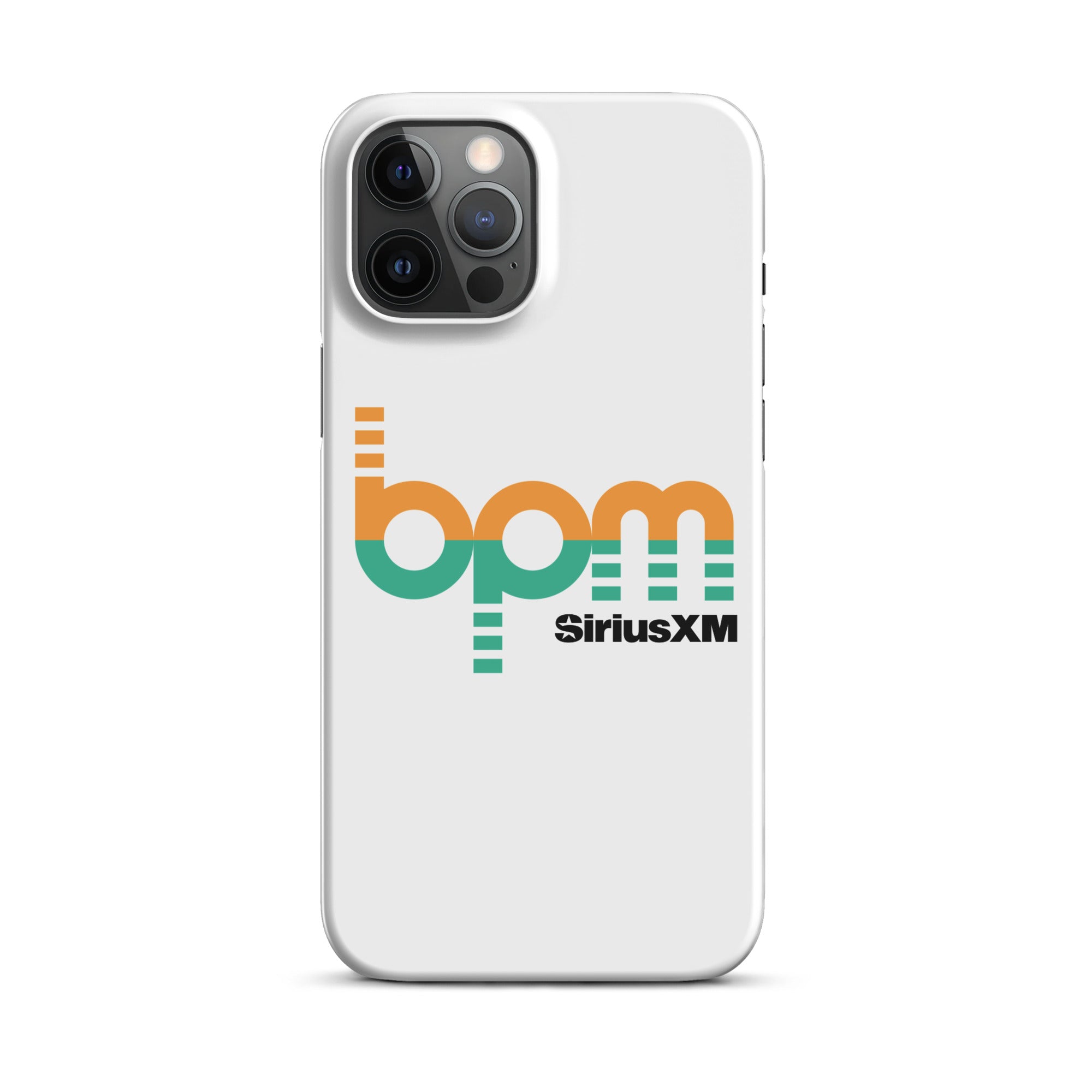 A white phone case featuring the 'BPM' logo in green and orange with 'SiriusXM' branding.