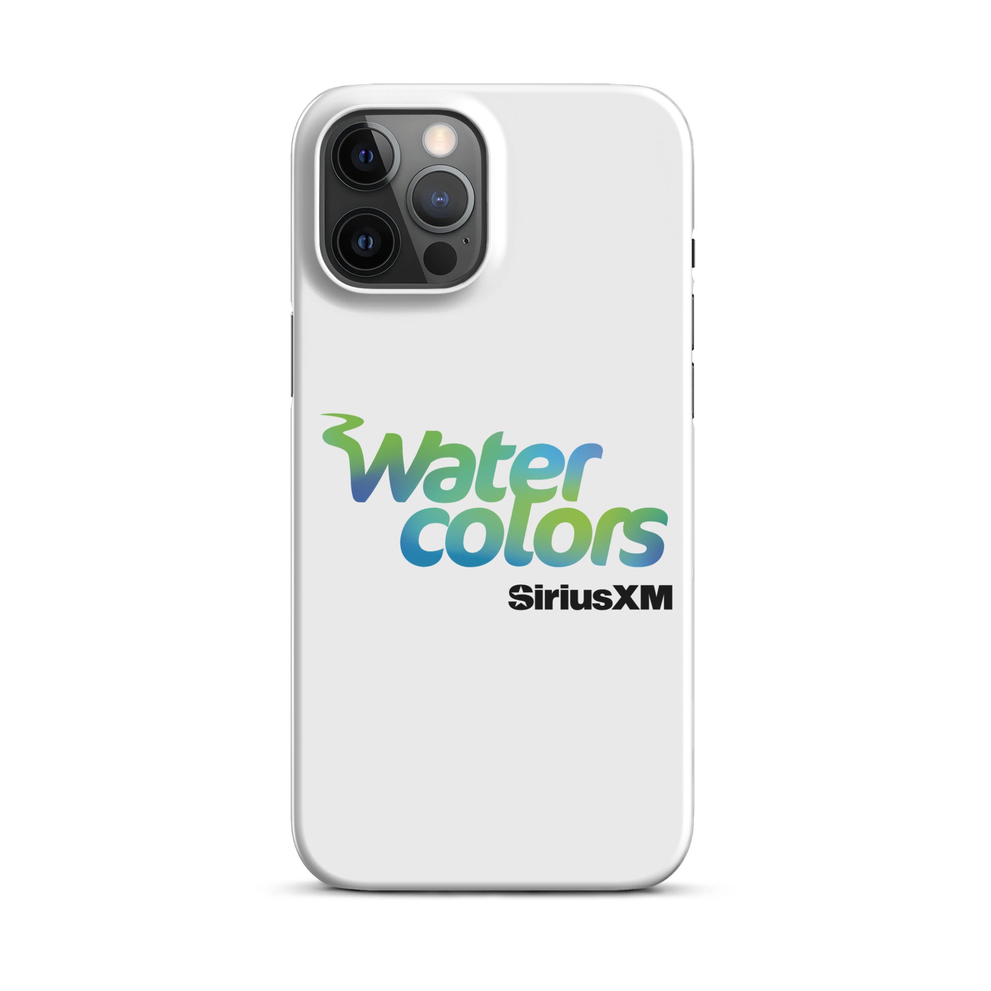 A white phone case featuring the 'Watercolors' logo and 'SiriusXM' branding.
