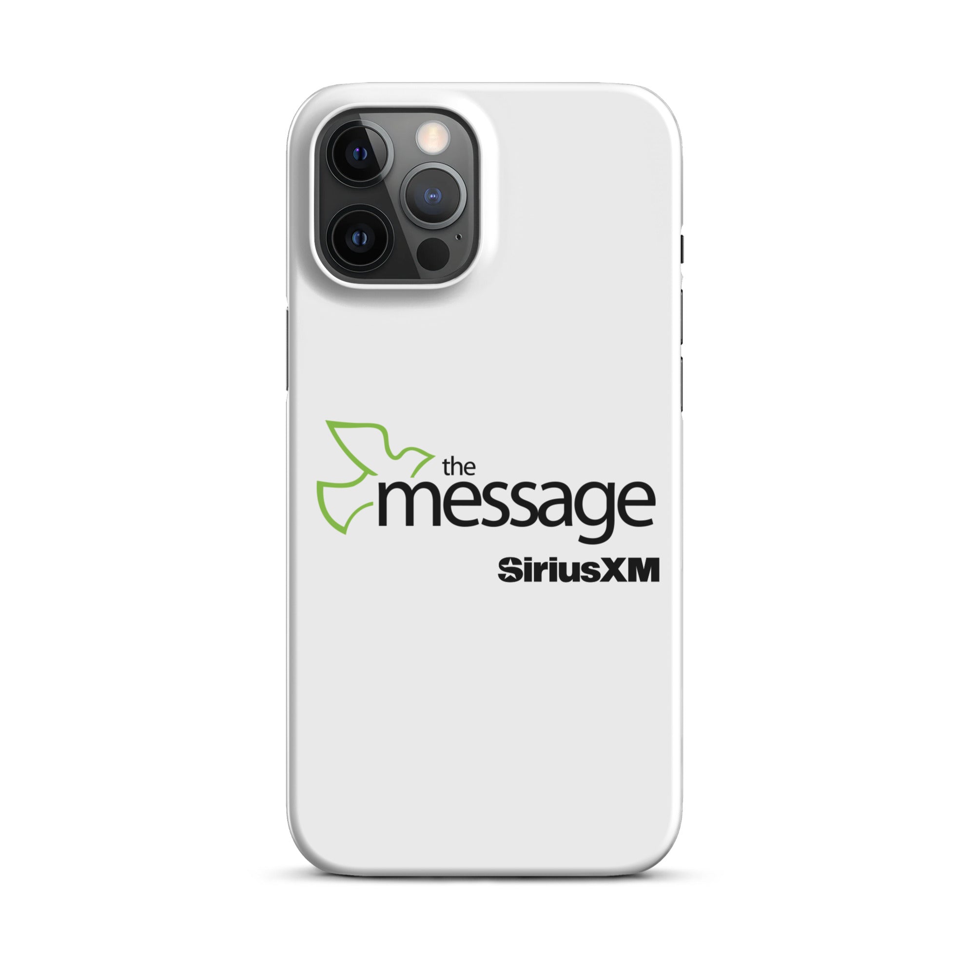 A white phone case featuring 'the message' logo with a green dove and 'SiriusXM' branding.