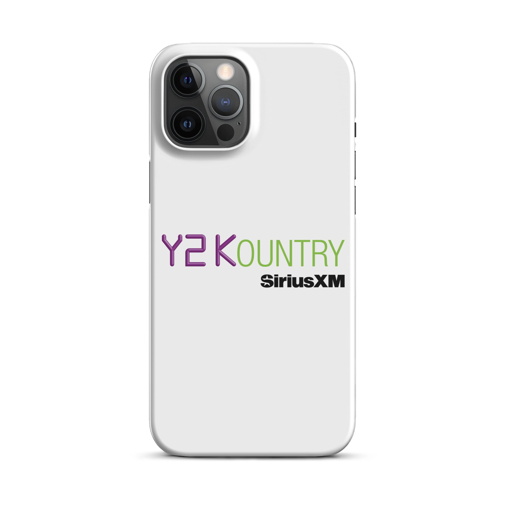 White phone case featuring the text 'Y2KOUNTRY' and 'SiriusXM' in purple and green.
