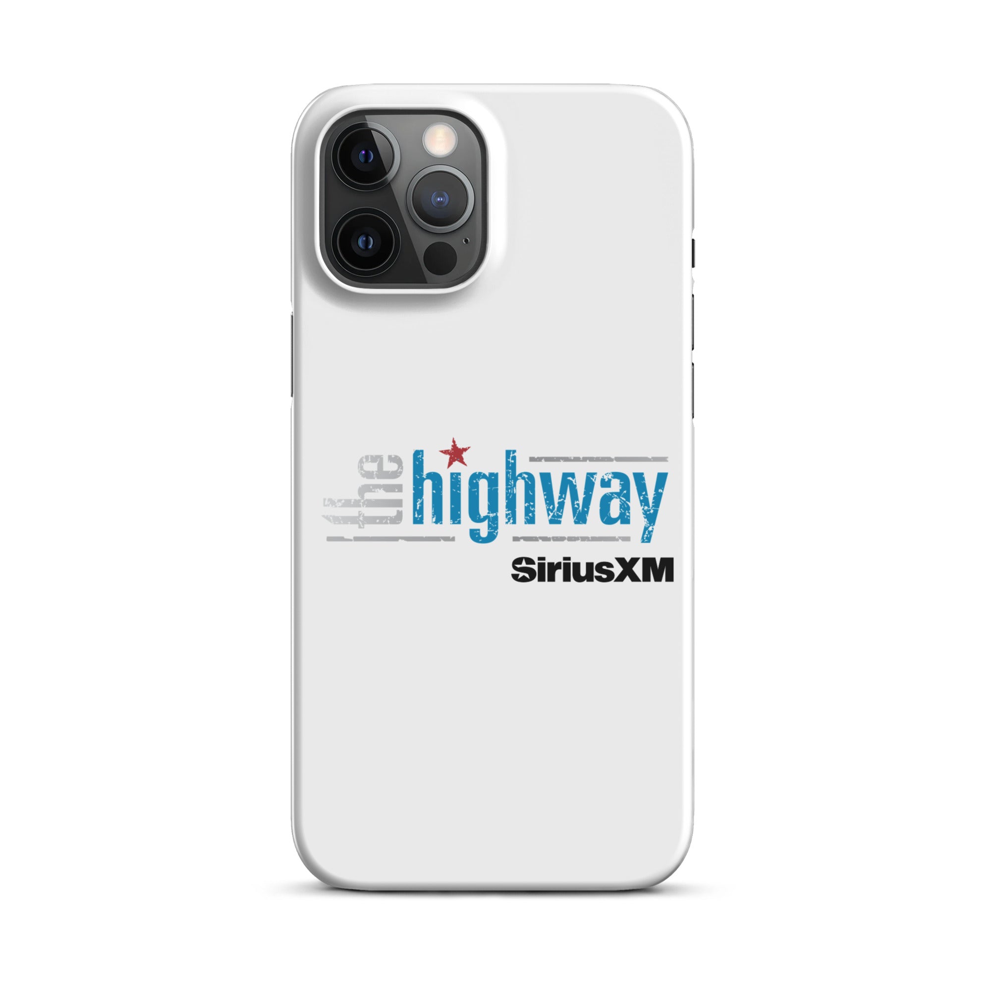 White phone case featuring 'the highway' and 'SiriusXM' logos in blue and black.
