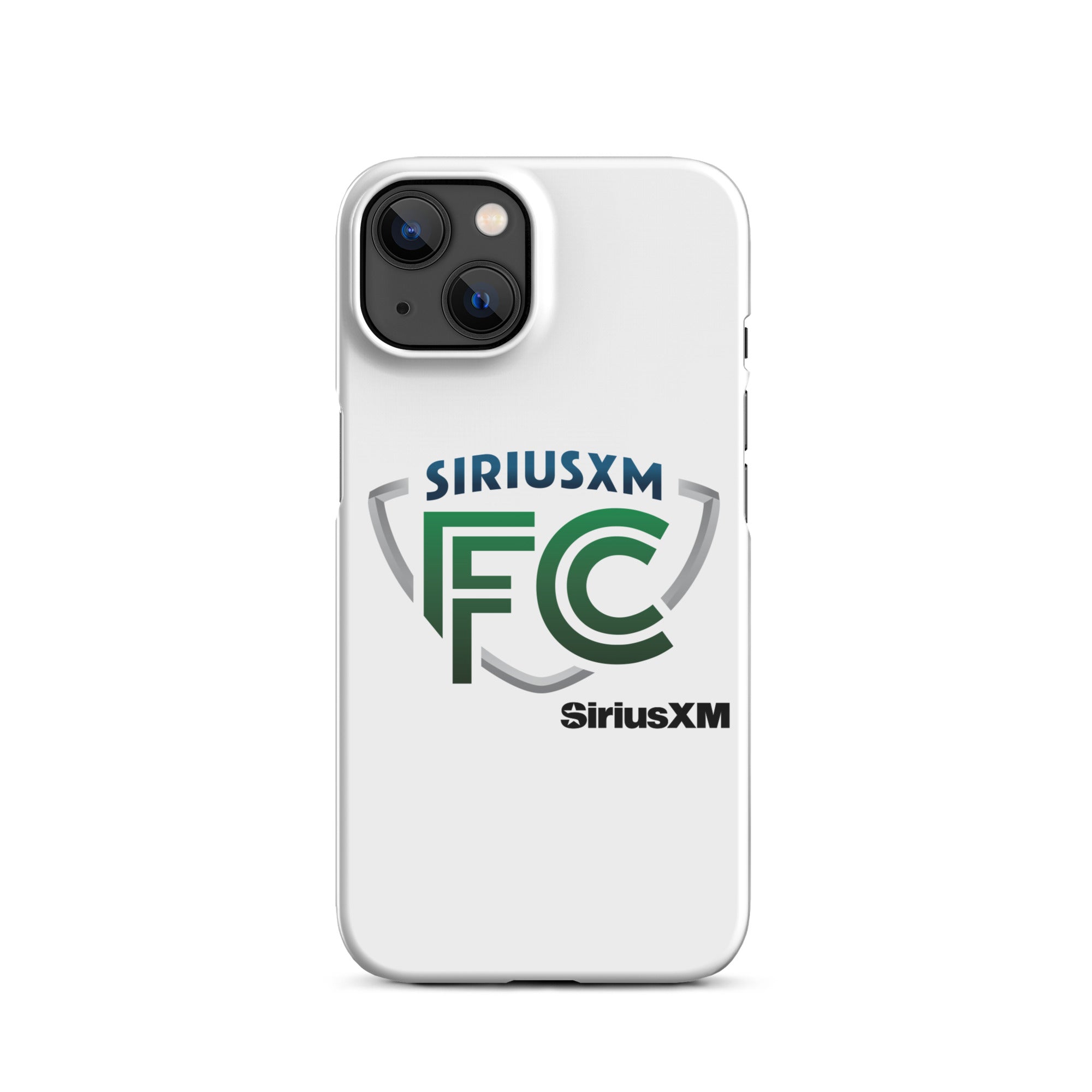 White phone case featuring the 'SiriusXM FC' logo in green and gray with 'SiriusXM' branding in black.