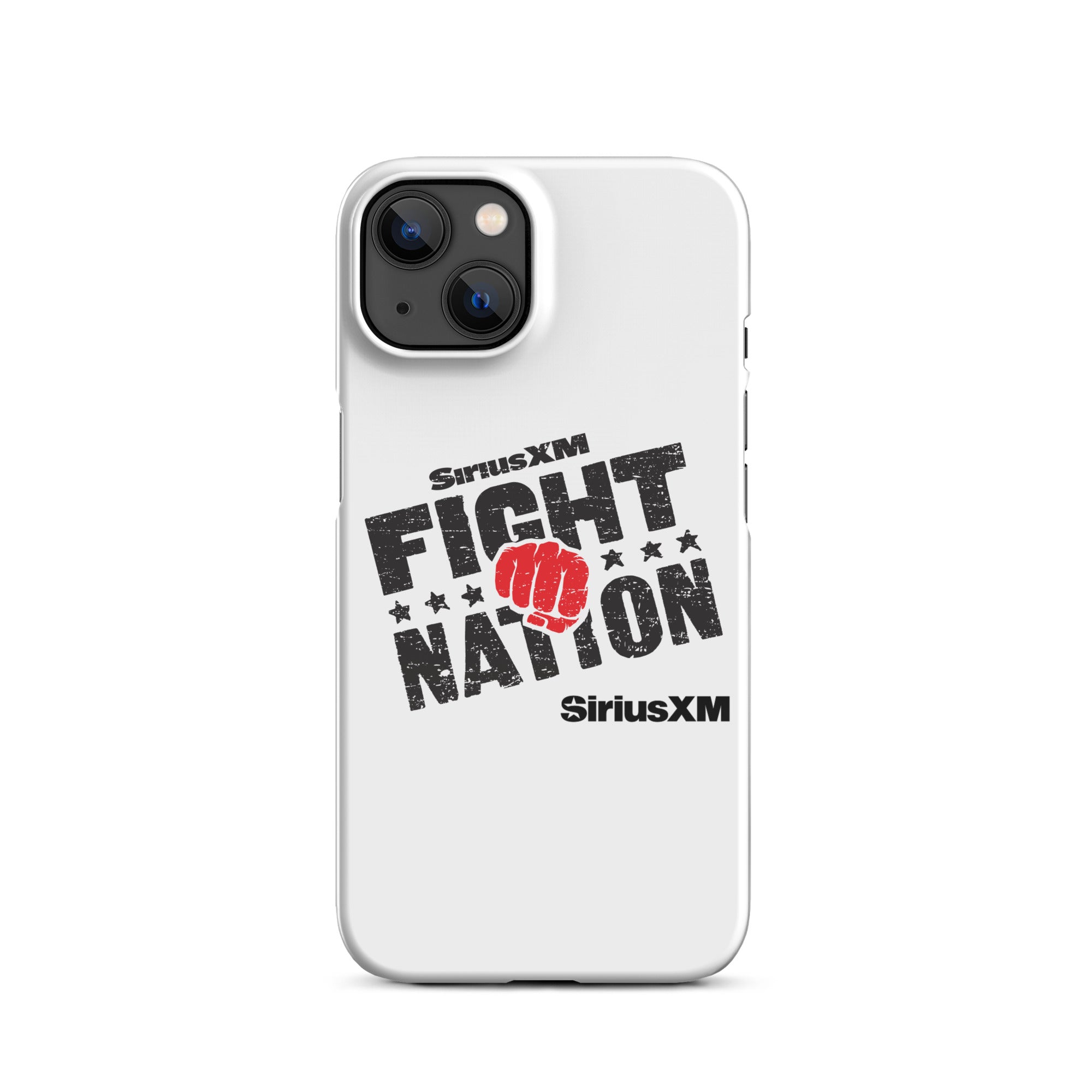 White phone case featuring 'SiriusXM FIGHT NATION' logo with a red fist and stars with 'SiriusXM' branding underneath.