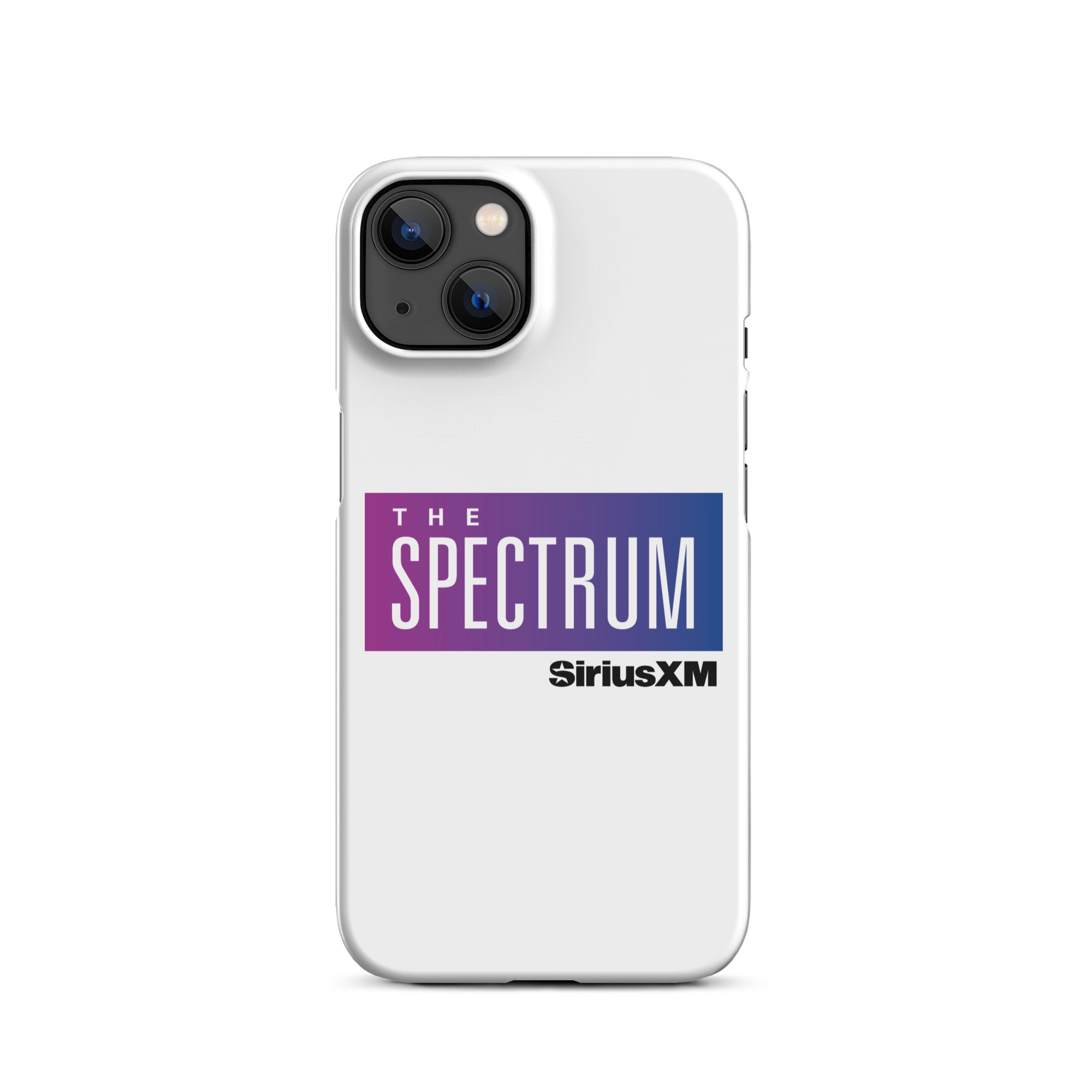 White phone case featuring 'THE SPECTRUM' logo  in gradient blue and purple.and 'SiriusXM' branding.