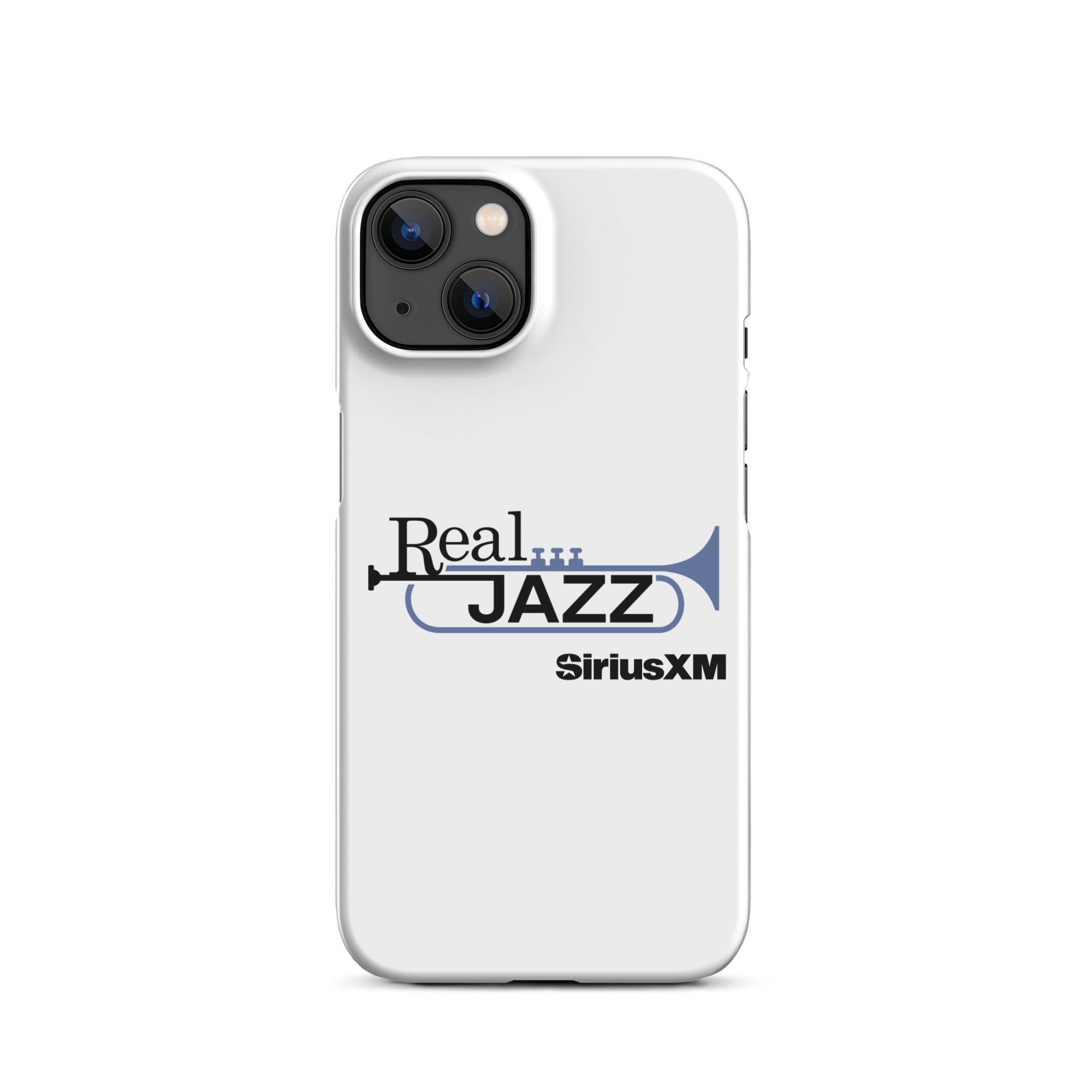 White phone case with 'Real Jazz' text and trumpet logo, featuring 'SiriusXM' branding.