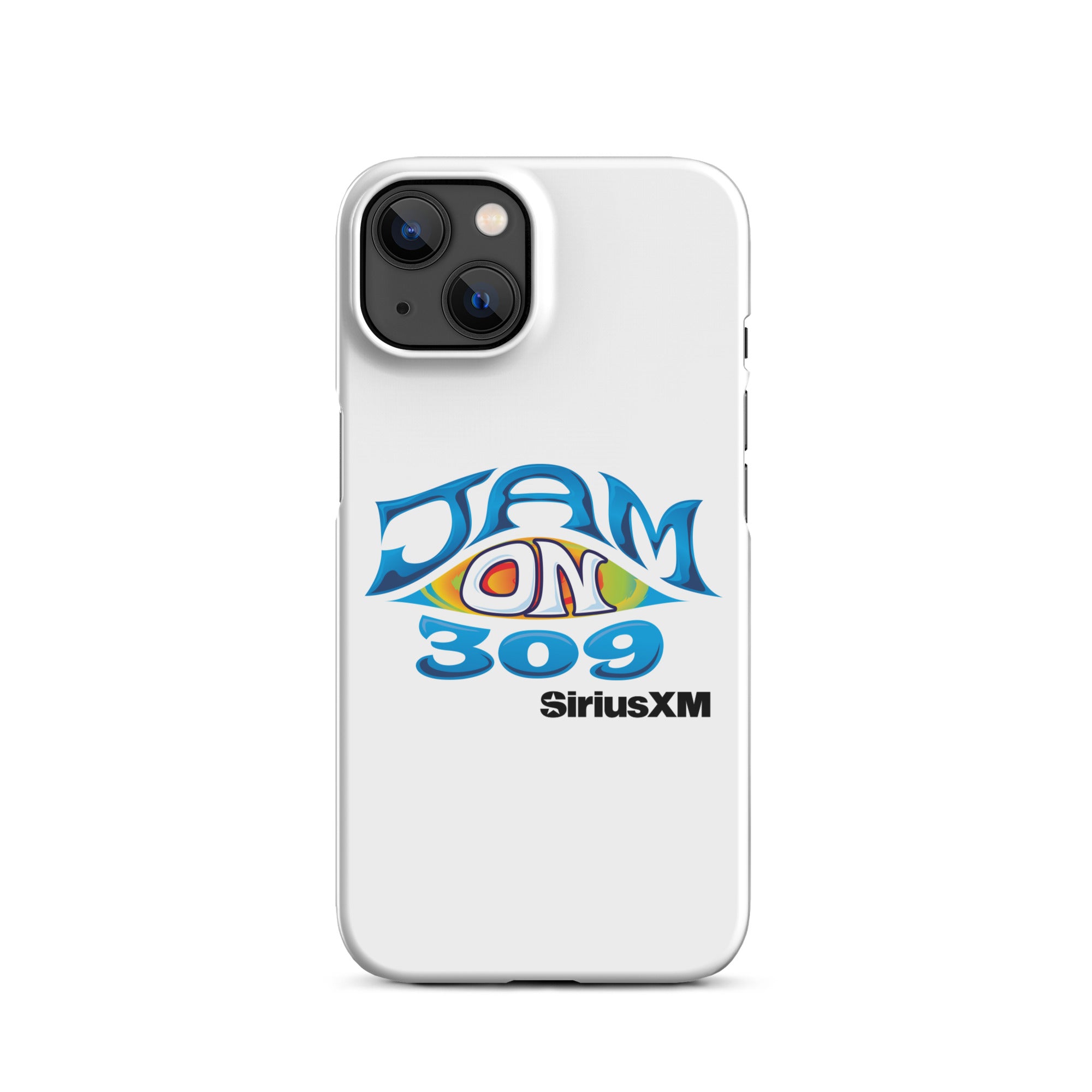 White phone case featuring the logo 'JAM ON 309' and 'SiriusXM' in colorful, stylized lettering.