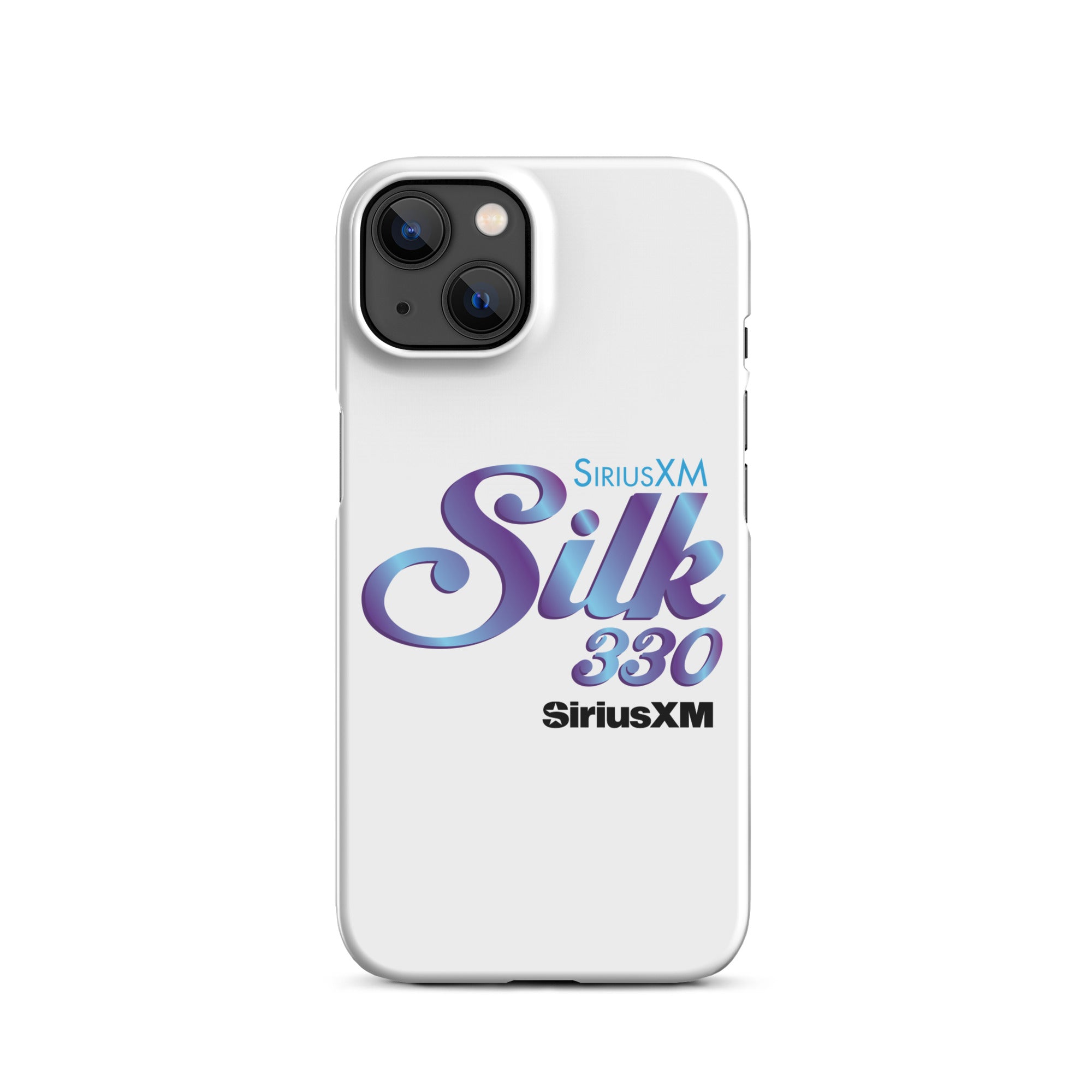 White smartphone case with 'SiriusXM Silk 330' logo in stylized purple and blue lettering and 'SiriusXM' branding.